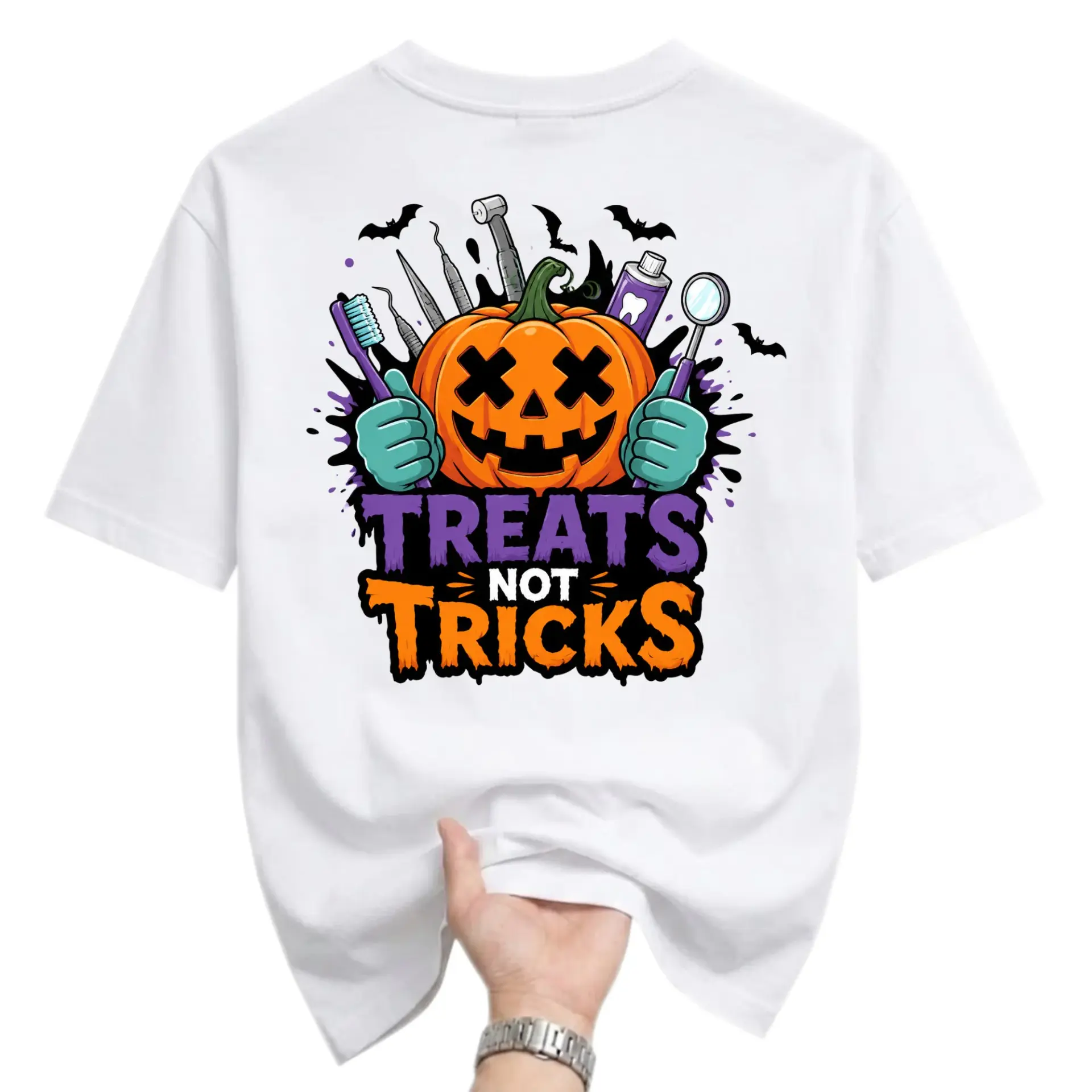 Graphic Tee Treats Not Tricks Pumpkin Dentist Theme Unisex Crew Neck Short Sleeve Casual Cotton Blend Shirt