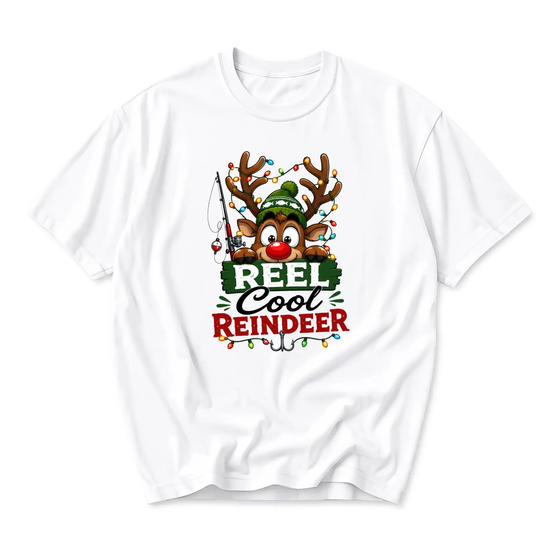 Funny Shirt Reel Cool Reindeer Christmas Fishing Graphic Tee Unisex Short Sleeve Casual Holiday Crew Neck T-Shirt
