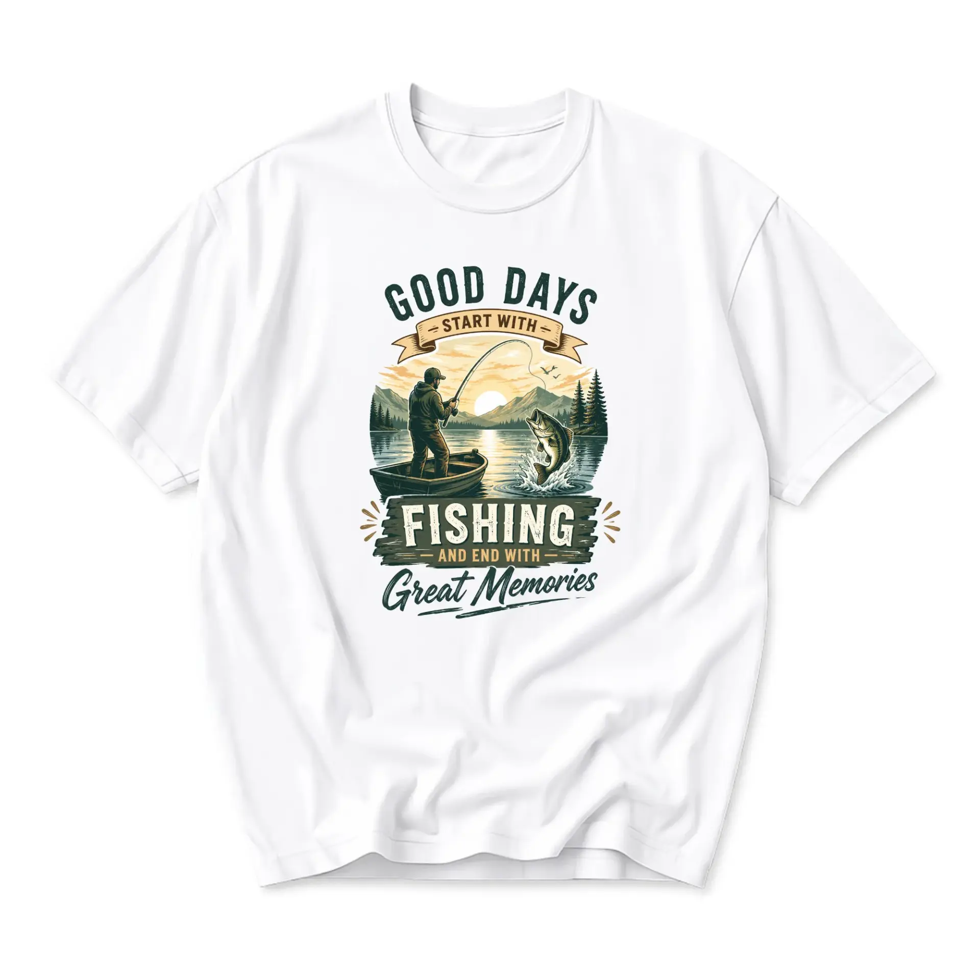 Graphic Tee Good Days Start with Fishing and Great Memories Unisex Crew Neck Casual Cotton Blend Short Sleeve Shirt