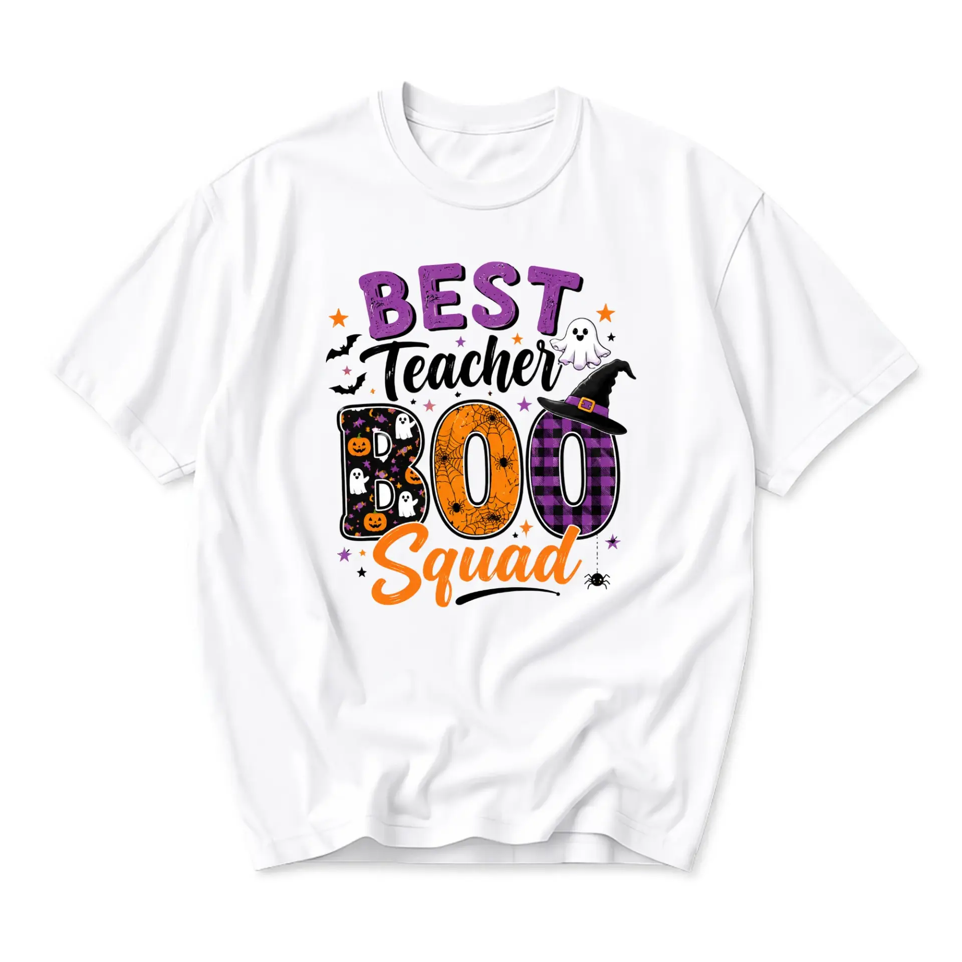 Graphic Tee Best Teacher Boo Squad Halloween Spooky Season Shirt Casual Unisex Crew Neck Holiday Outfit for Educators