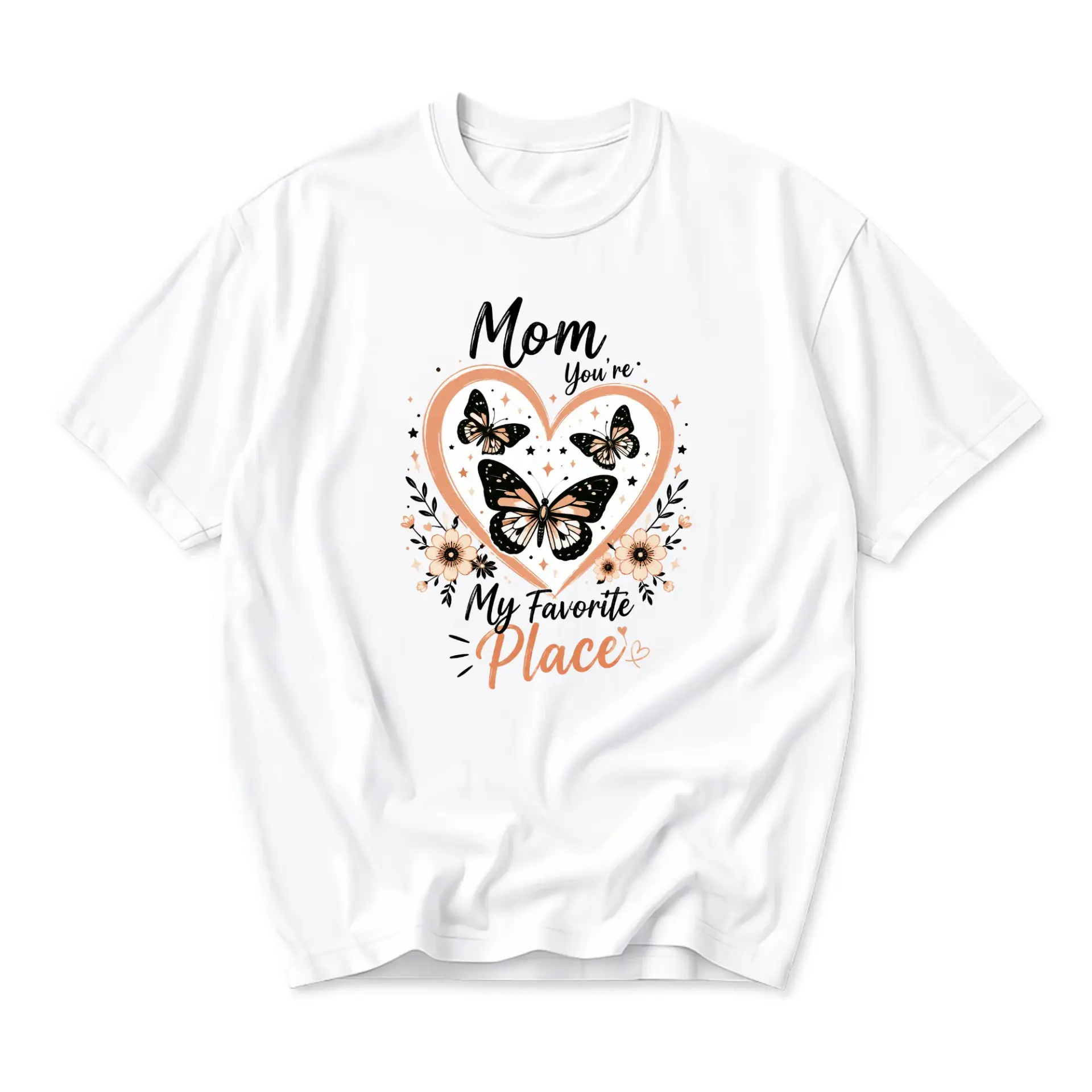 Graphic Tee Mom You Are My Favorite Place Floral Butterfly Heart Print Casual Short Sleeve Unisex Crew Neck Shirt