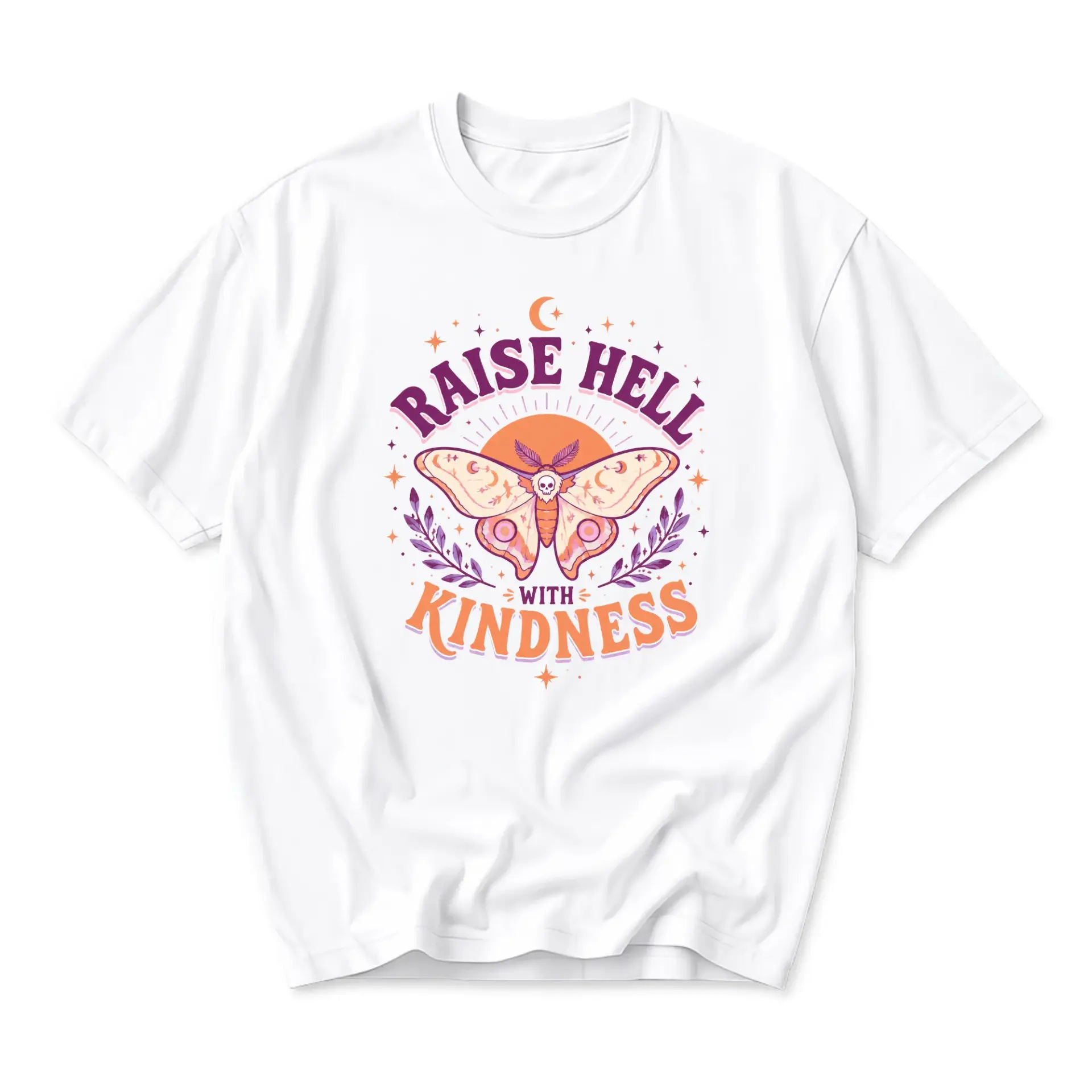 Graphic Tee Raise Hell with Kindness Moth Illustration Unisex Crew Neck Short Sleeve Cotton Casual Apparel
