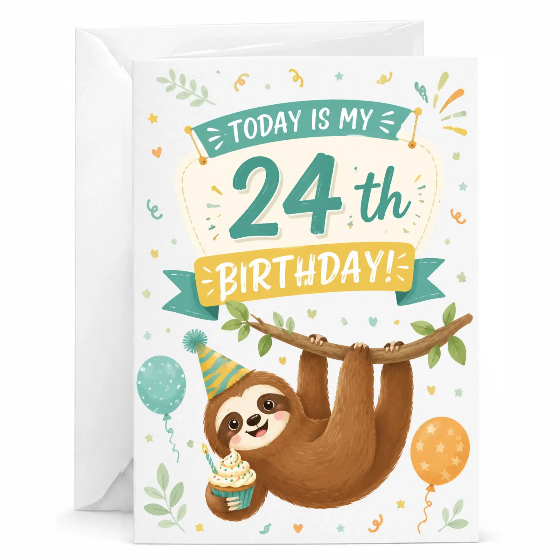 Birthday Card Today Is My 24th Birthday Cute Sloth Illustration Greeting Card for Twenty Fourth Milestone Celebration