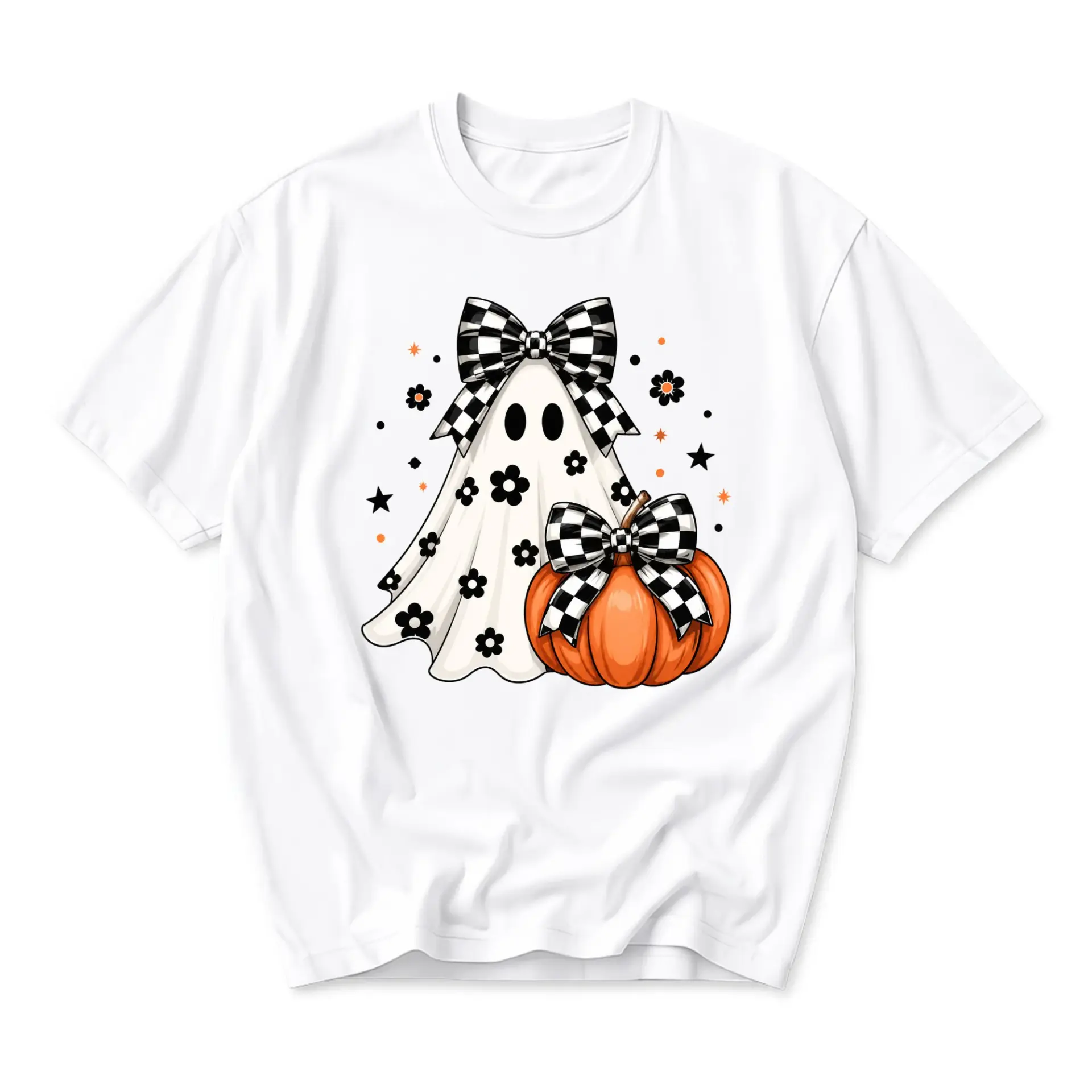 Graphic Tee Unisex Ghost Pumpkin T-Shirt with Checkerboard Bows Casual Fall Season Apparel for Everyday Comfortable Wear