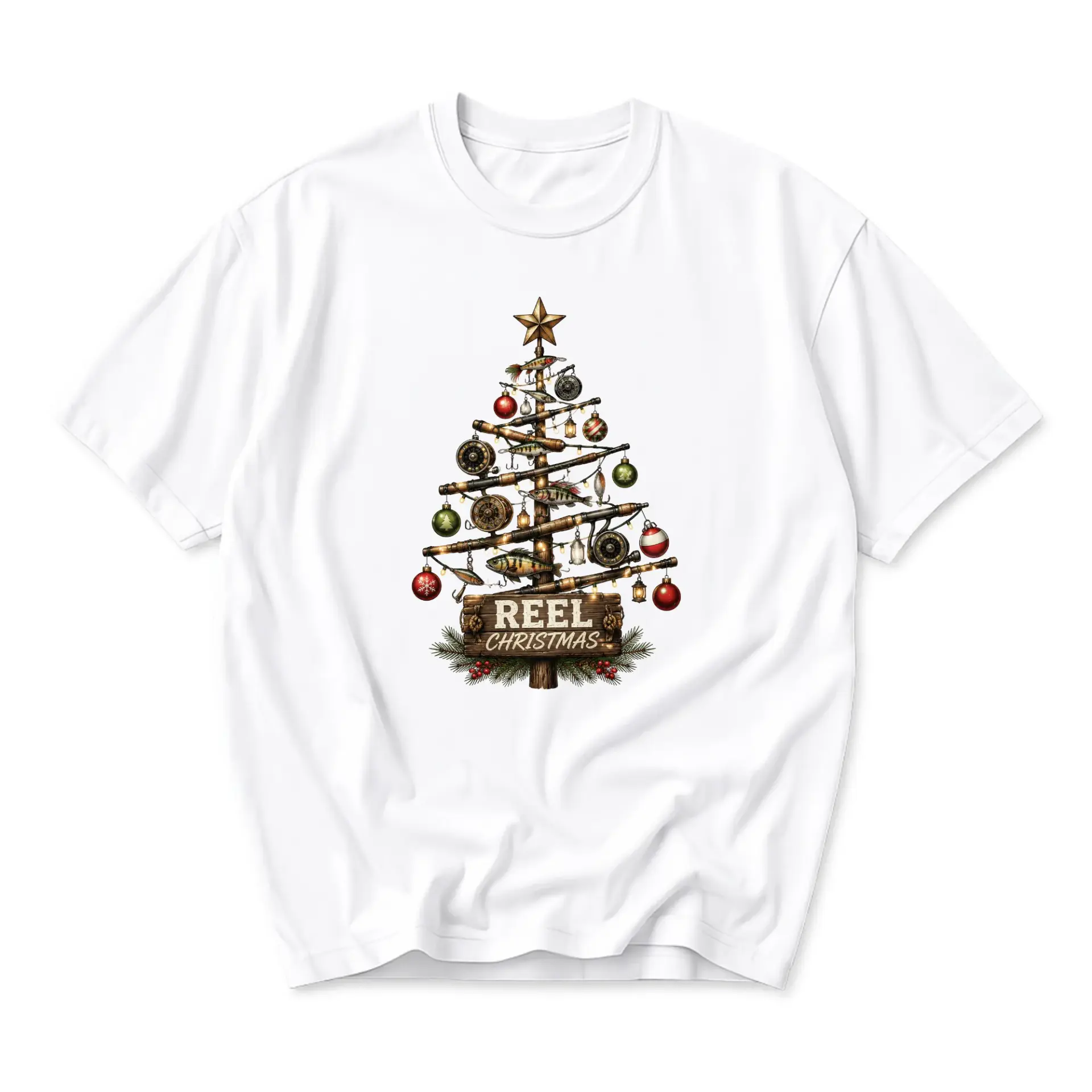 Funny Shirt Reel Christmas Fishing Tree Graphic Tee Unisex Casual Apparel for Outdoor Enthusiasts and Holiday Wear