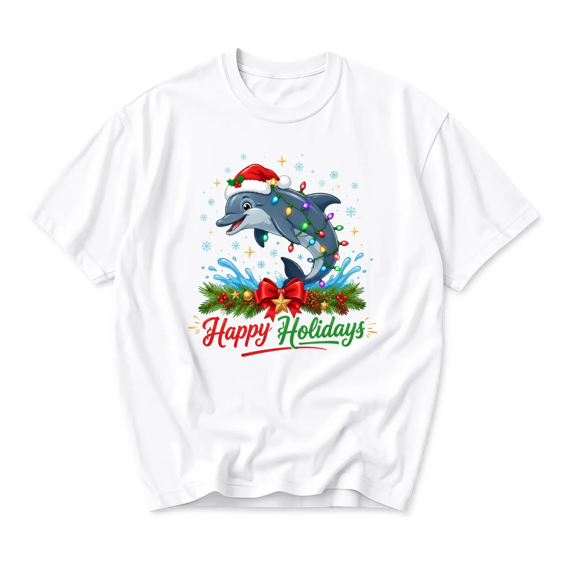 Graphic Tee Happy Holidays Dolphin Christmas T-Shirt Unisex Casual Crew