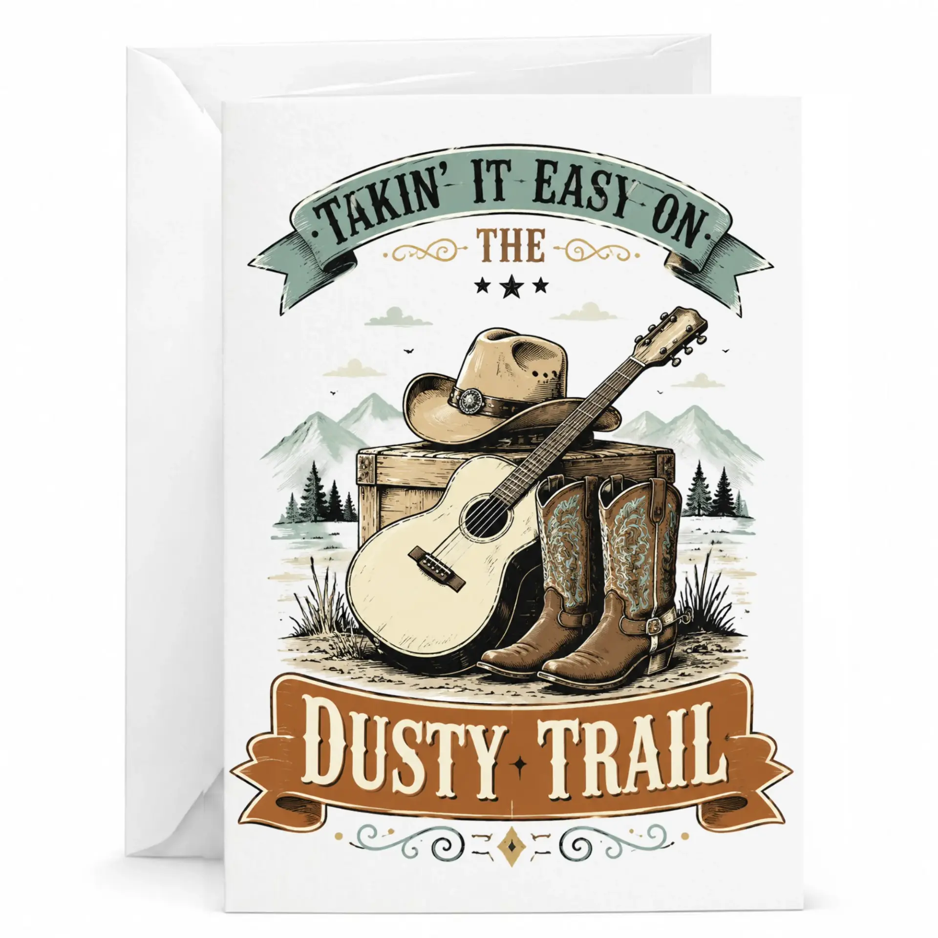 Greeting Card Takin It Easy on the Dusty Trail Western Theme Featuring Cowboy Hat Guitar and Boots Country Style Note