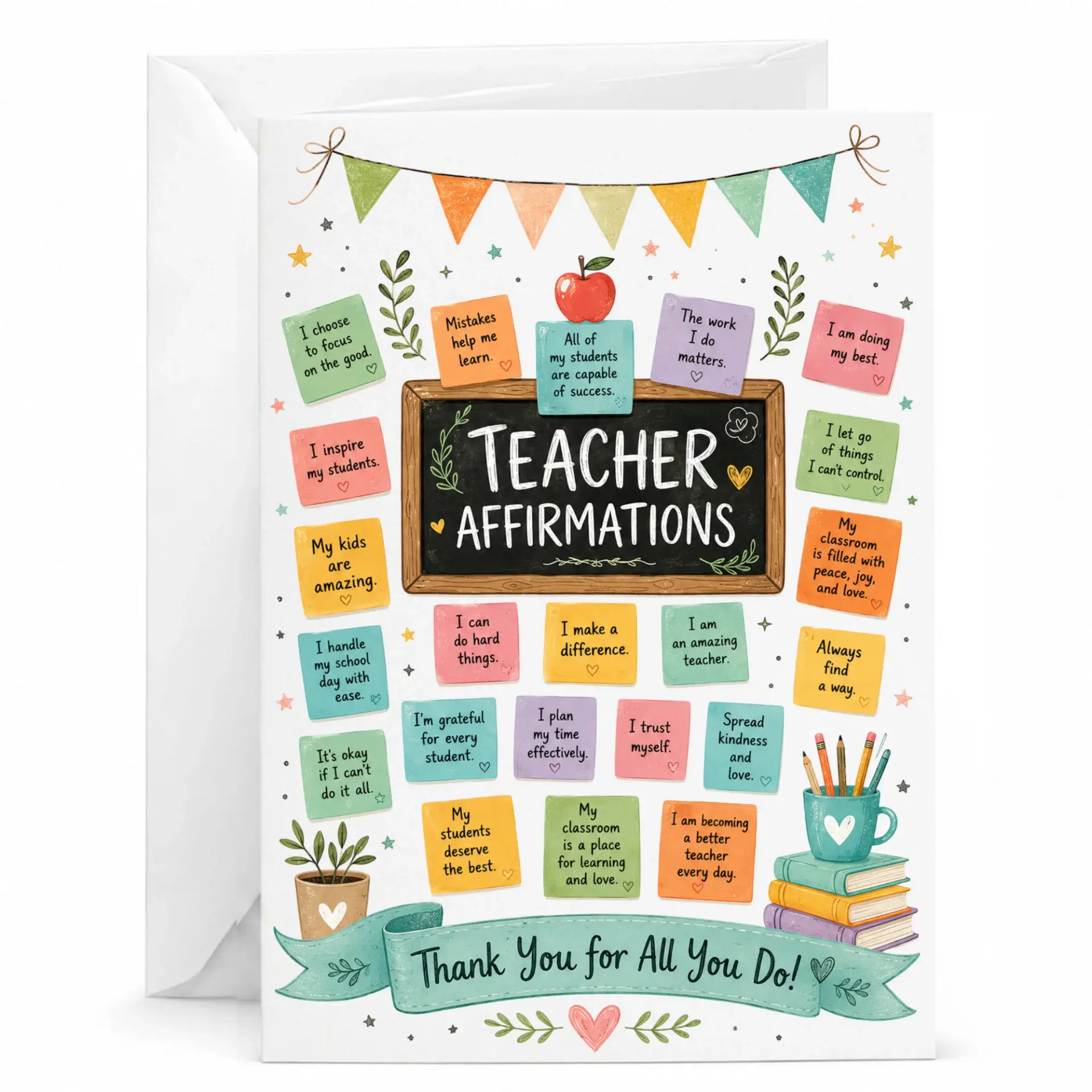 Card for Teacher Affirmations Greeting with Envelope Inspirational Encouragement Note Educators