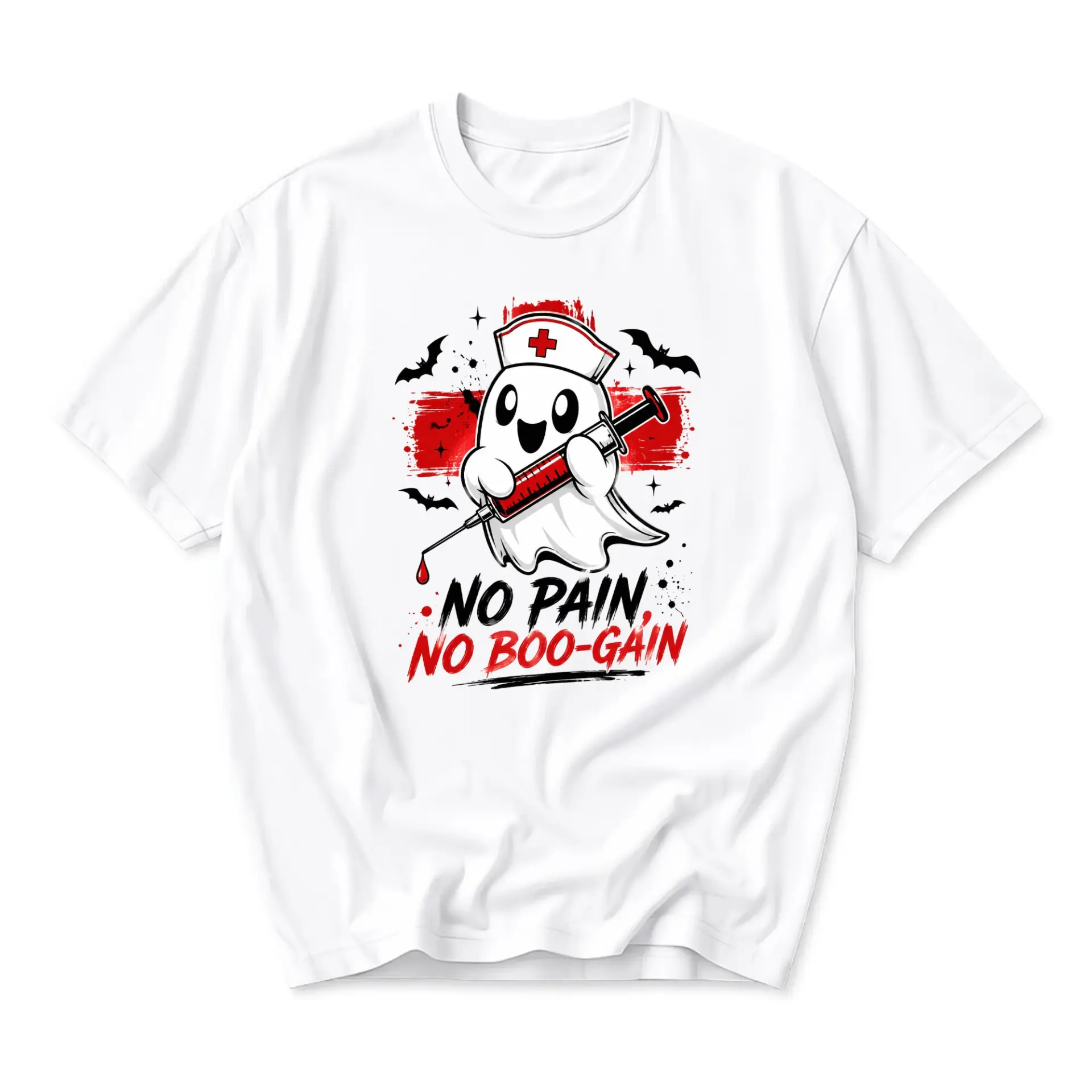 Funny Shirt No Pain No Boo Gain Nurse Ghost Graphic Tee Casual Unisex Crew Neck Short Sleeve Cotton Blend Top