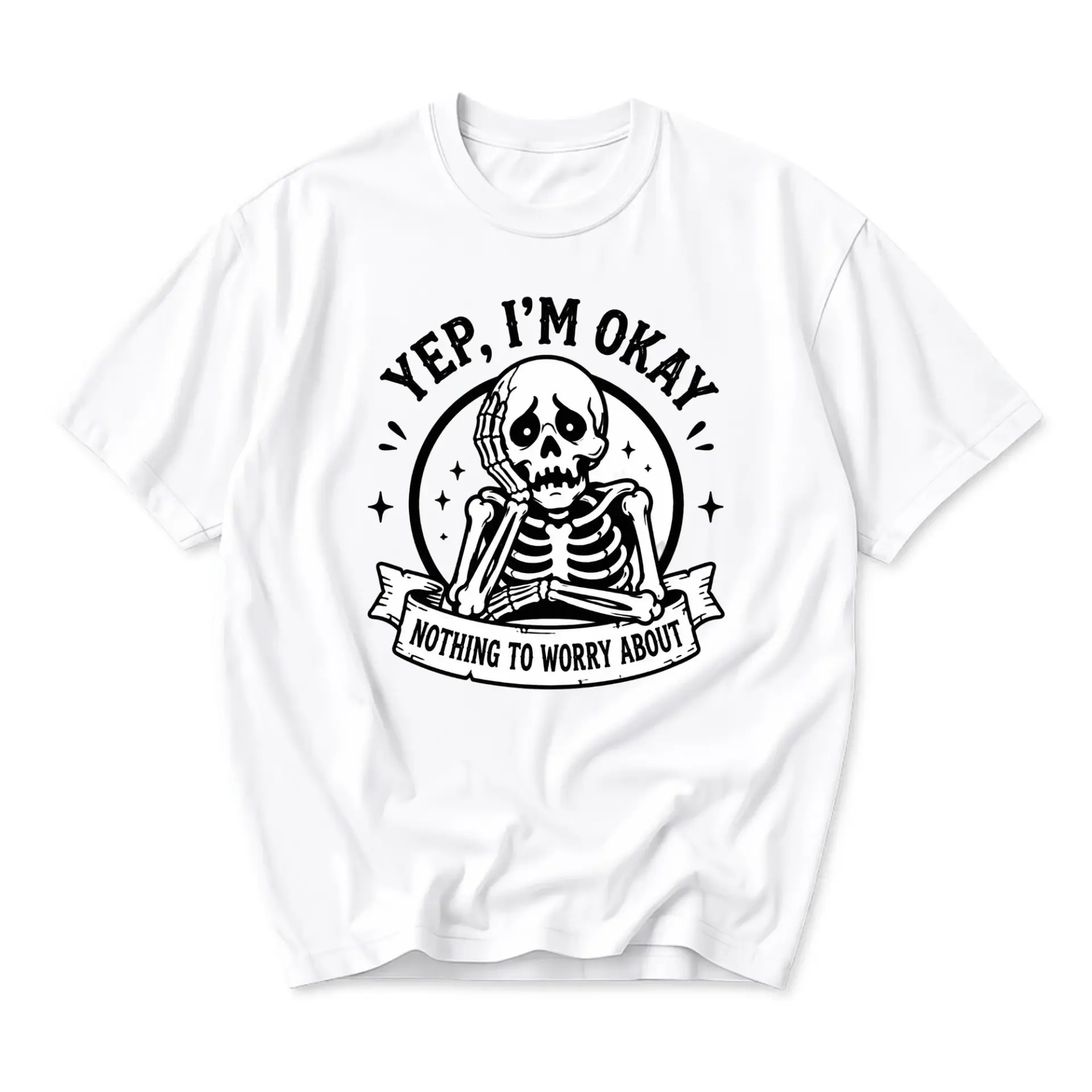 Funny Shirt Yep I'm Okay Skeleton Graphic Tee Unisex Casual Crew Neck Comfortable Cotton Blend Everyday Apparel