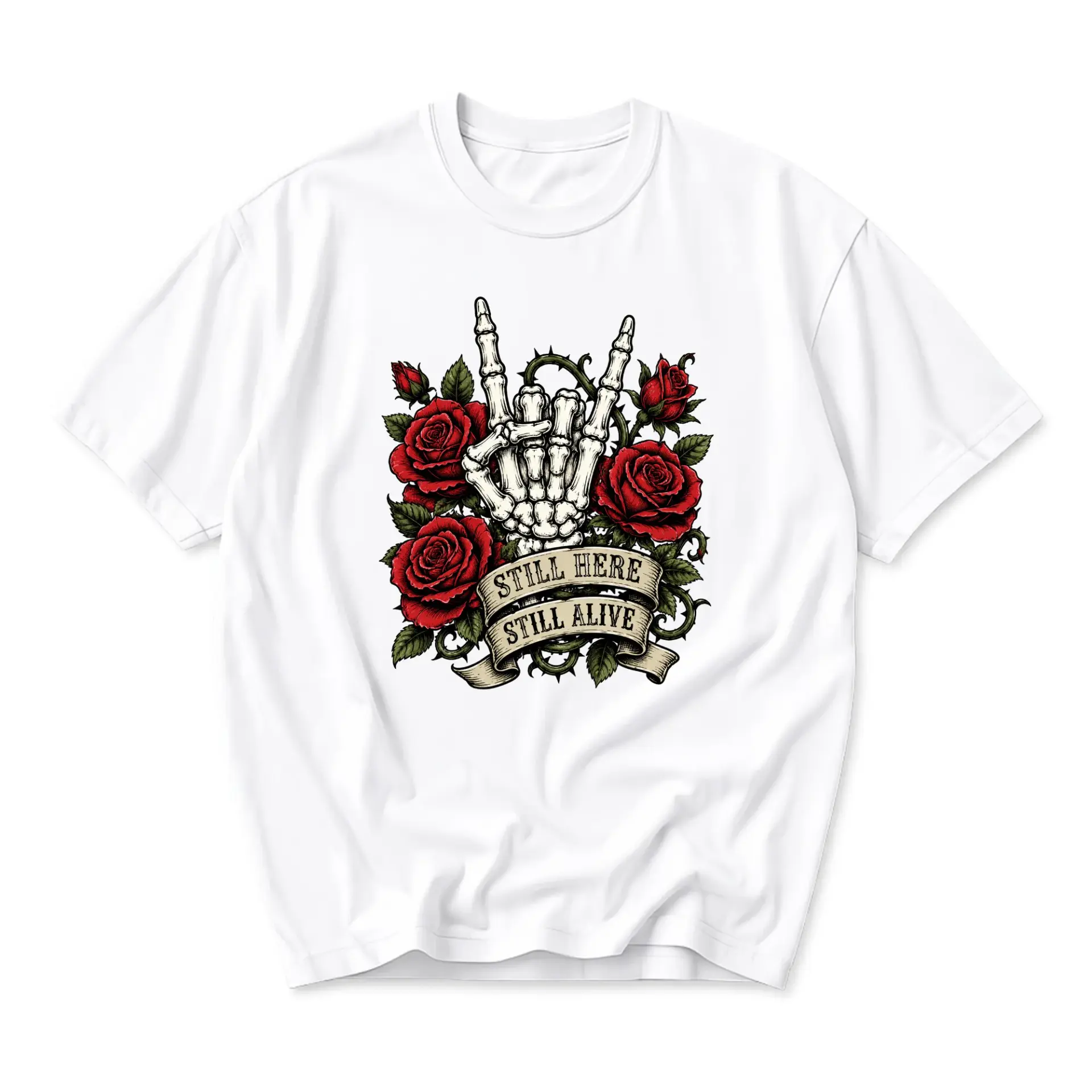 Graphic Tee Still Here Still Alive Skeleton Hand Rose Art Unisex Crew Neck Short Sleeve Casual Cotton Blend Shirt