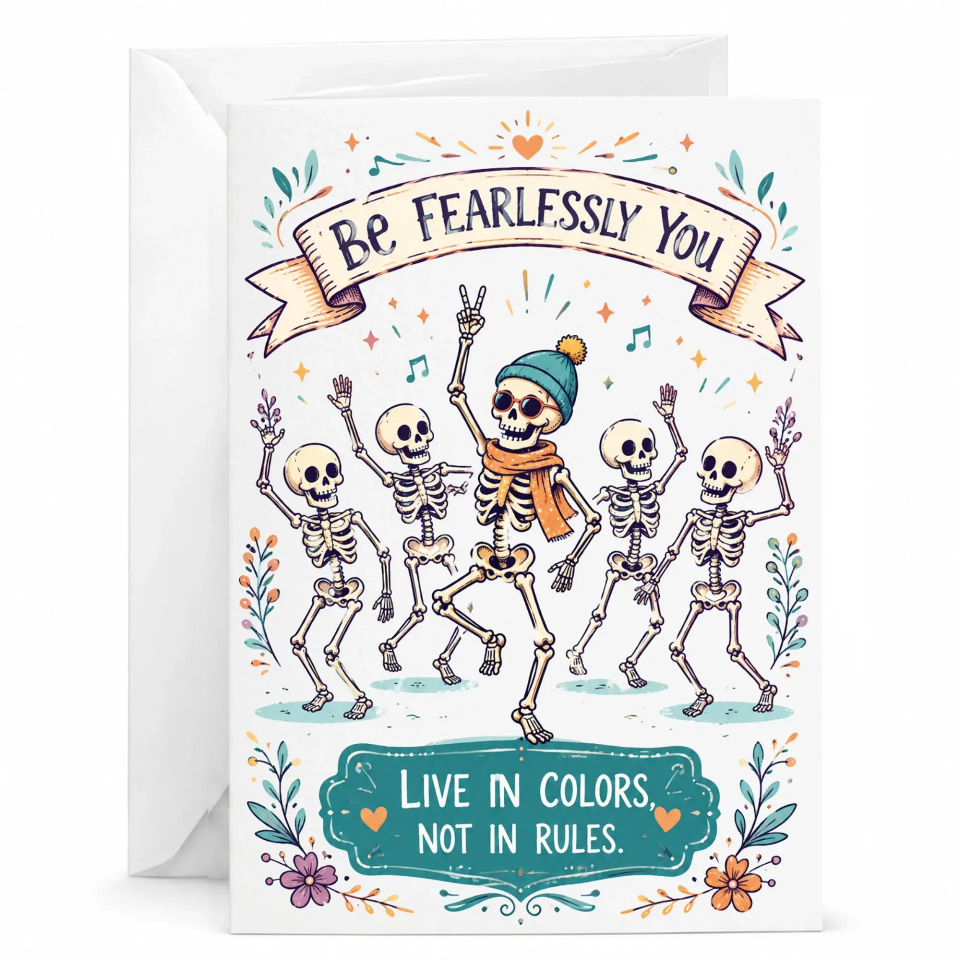 Inspirational Greeting Card Be Fearlessly You Skeleton Dancing Art Print Funny Positive Note for Friends