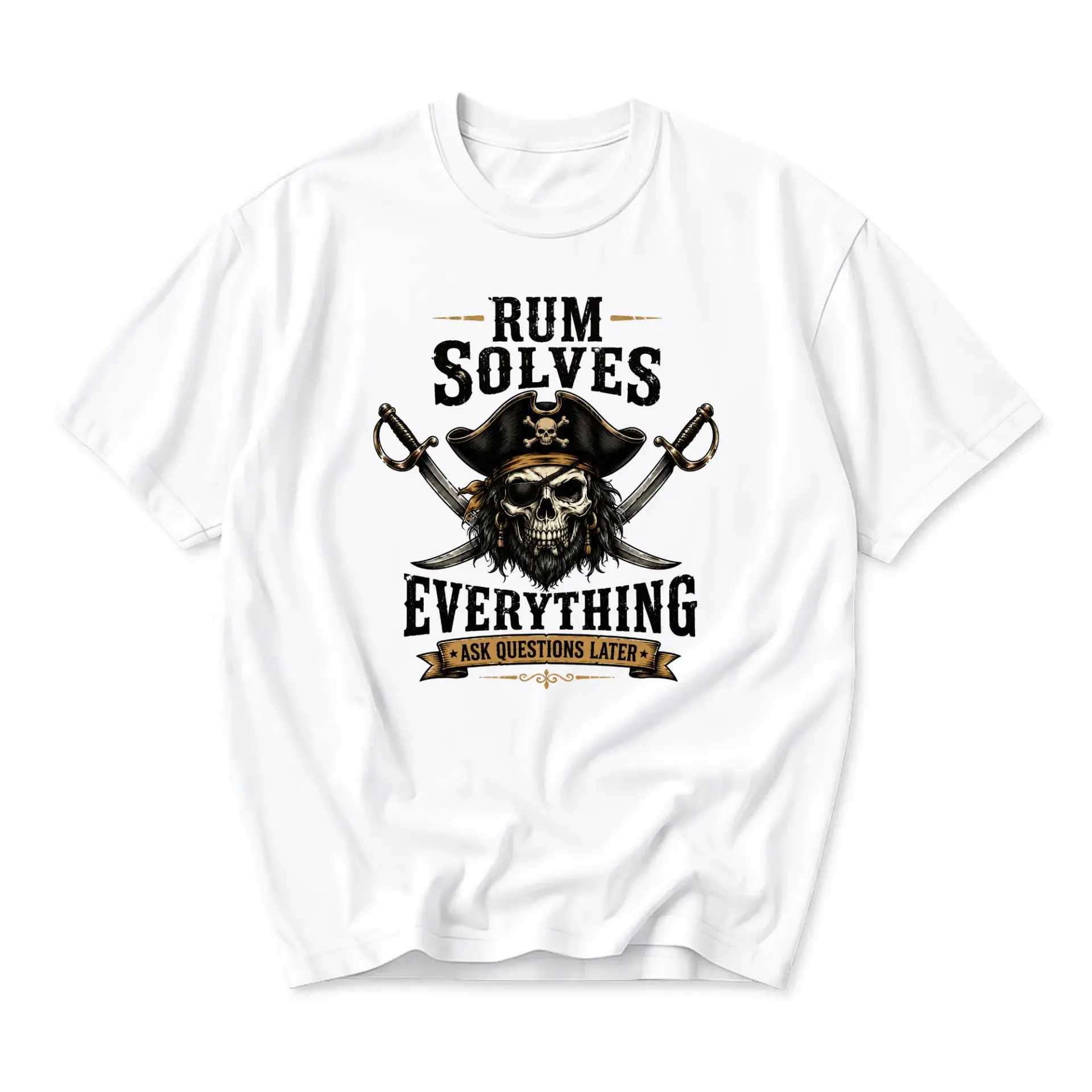 Funny Shirt Rum Solves Everything Pirate Skull Graphic Tee for Men and Women Casual Short Sleeve Crew Neck Top
