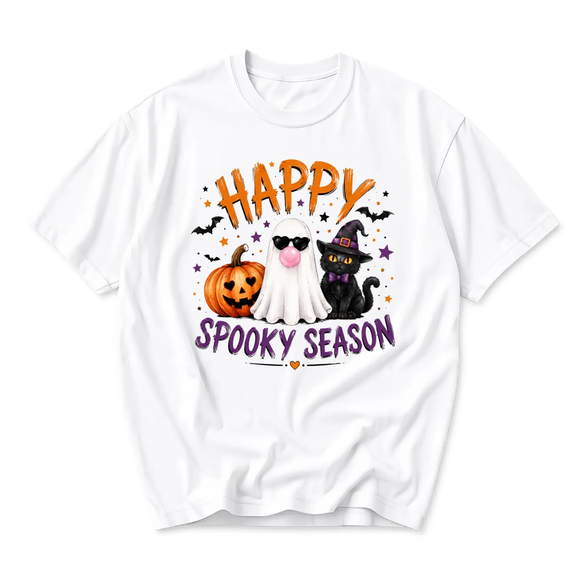Graphic Tee Happy Spooky Season Unisex Shirt Featuring Ghost Pumpkin and Cat Print for Casual Fall Everyday Wear