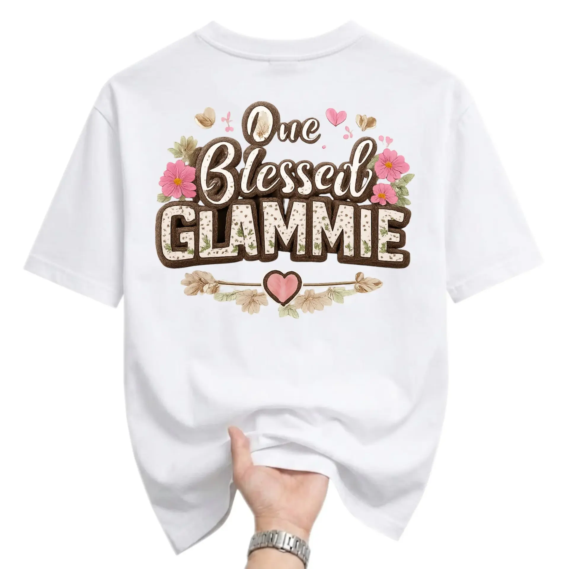 T-shirt One Blessed Glammie Graphic Tee Floral Heart Design Unisex Casual