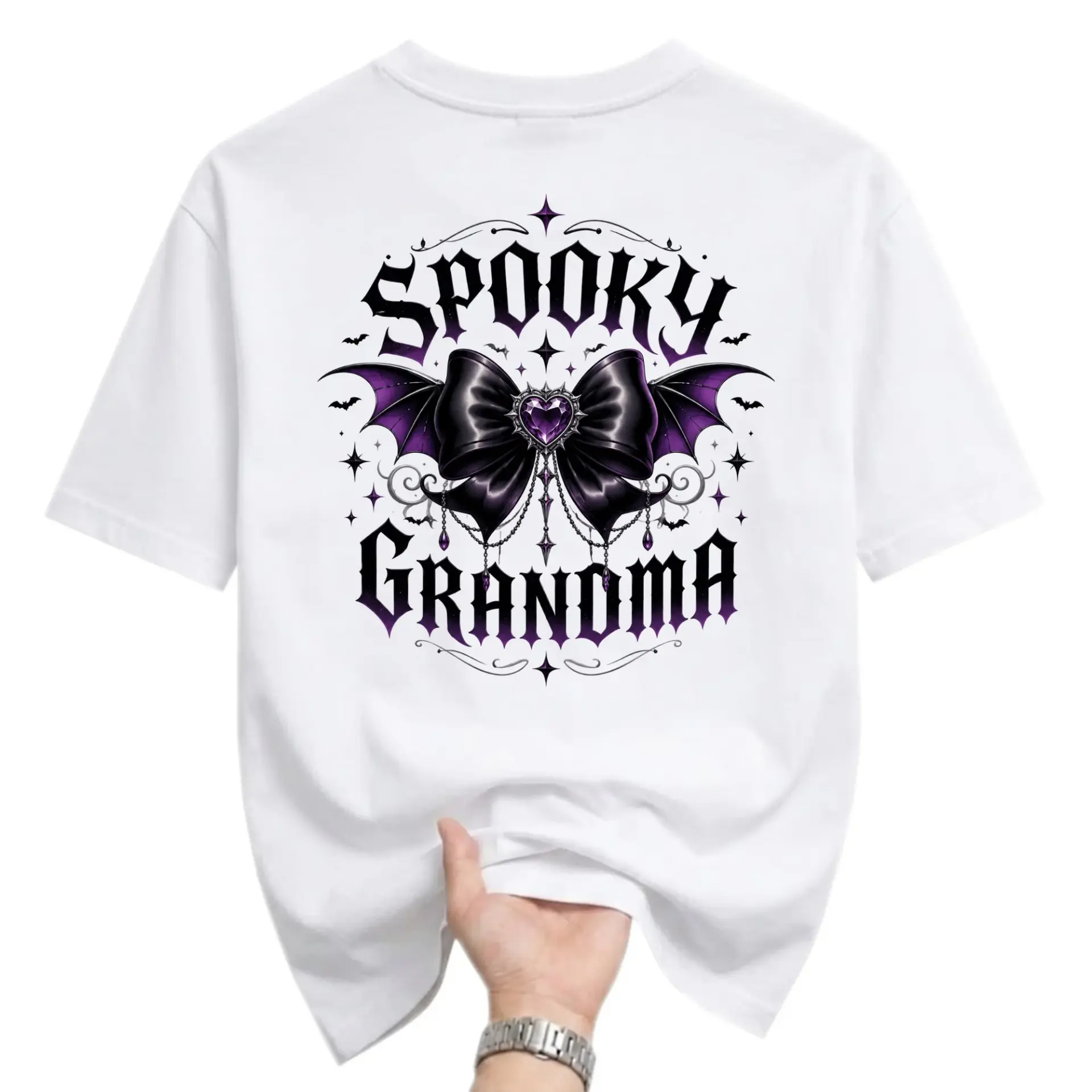 Graphic Tee Spooky Grandma Halloween Shirt Gothic Bow Bat Wings Unisex Crew Neck Casual Cotton Blend Apparel
