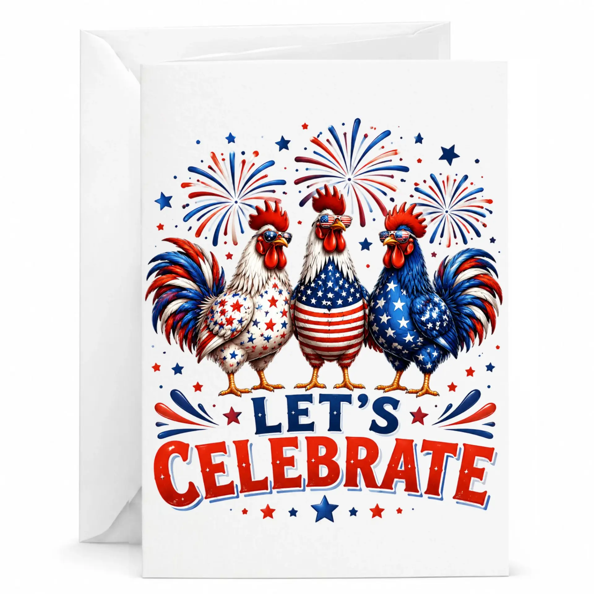 Funny Patriotic Rooster Greeting Card Let’s Farm Animal Design for Holidays and Special Occasions
