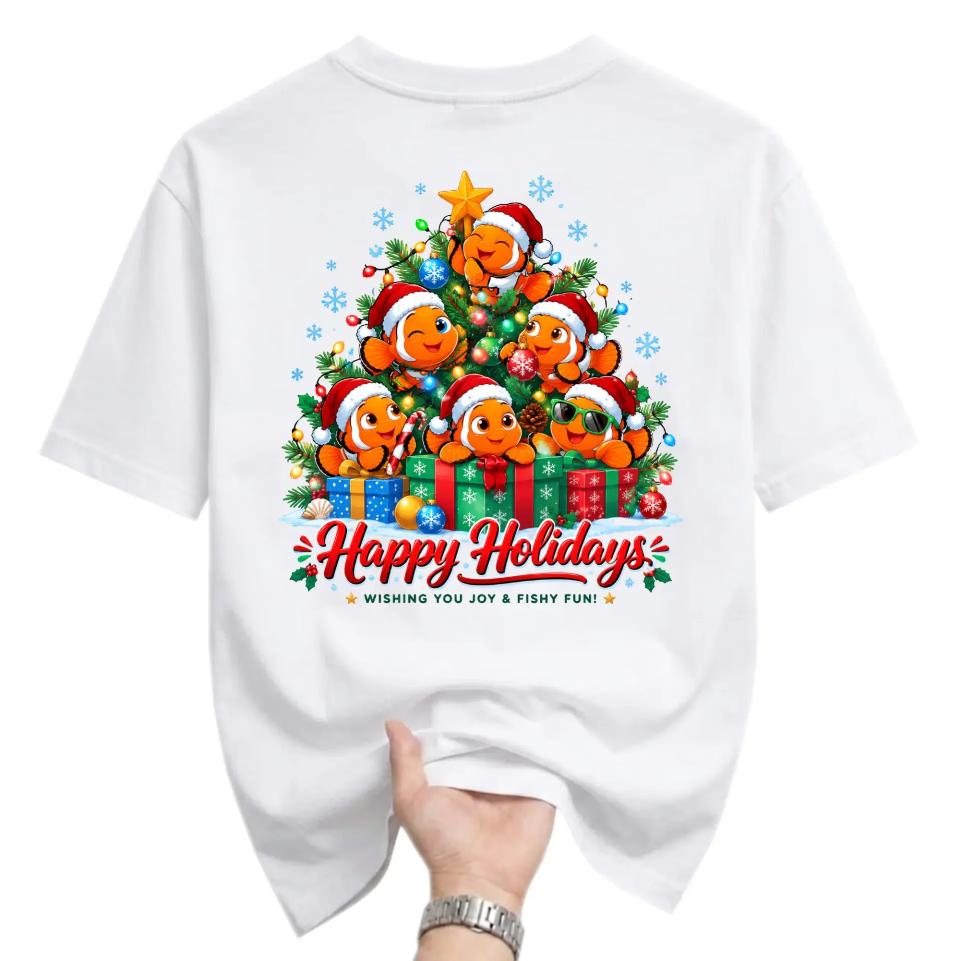 Graphic Tee Happy Holidays Fishy Fun T-Shirt Unisex Casual Everyday Shirt Christmas Clownfish Holiday Apparel White