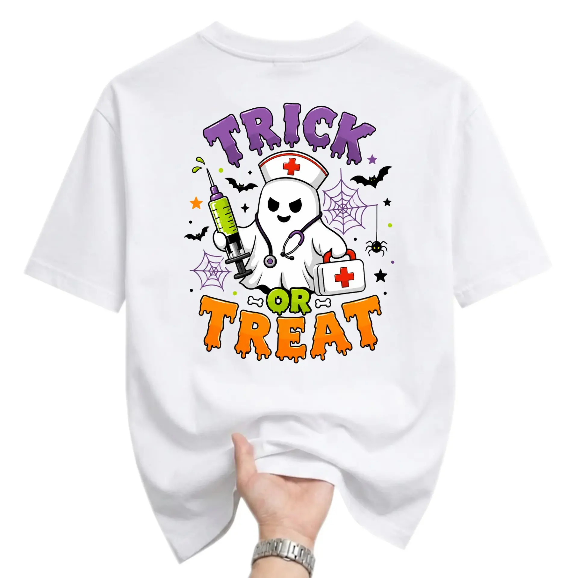 Graphic Tee Trick or Treat Nurse Ghost Costume Unisex Crew Neck Soft Cotton Blend Casual Short Sleeve Shirt Apparel