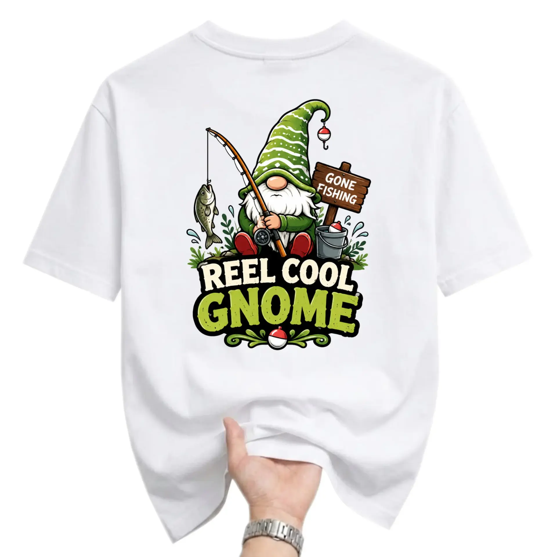 Funny Shirt Reel Cool Gnome Fishing Graphic Tee Casual Unisex Crew Neck