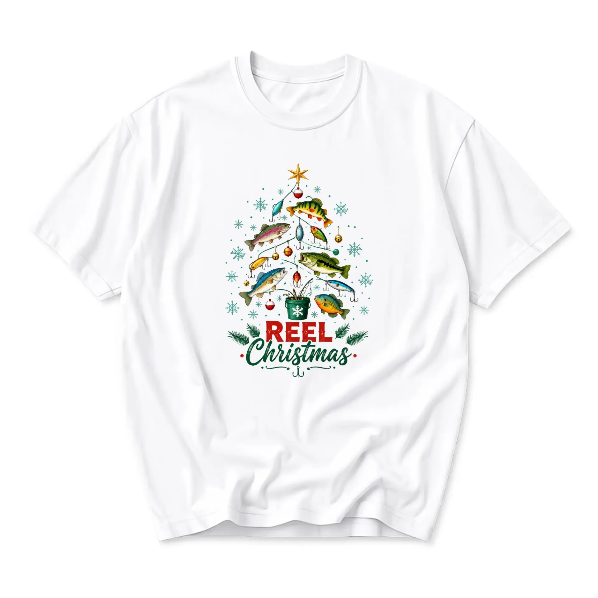 Funny Shirt Reel Christmas Fishing Tree Graphic Tee Unisex Crew Neck Short Sleeve Casual Cotton Blend Apparel