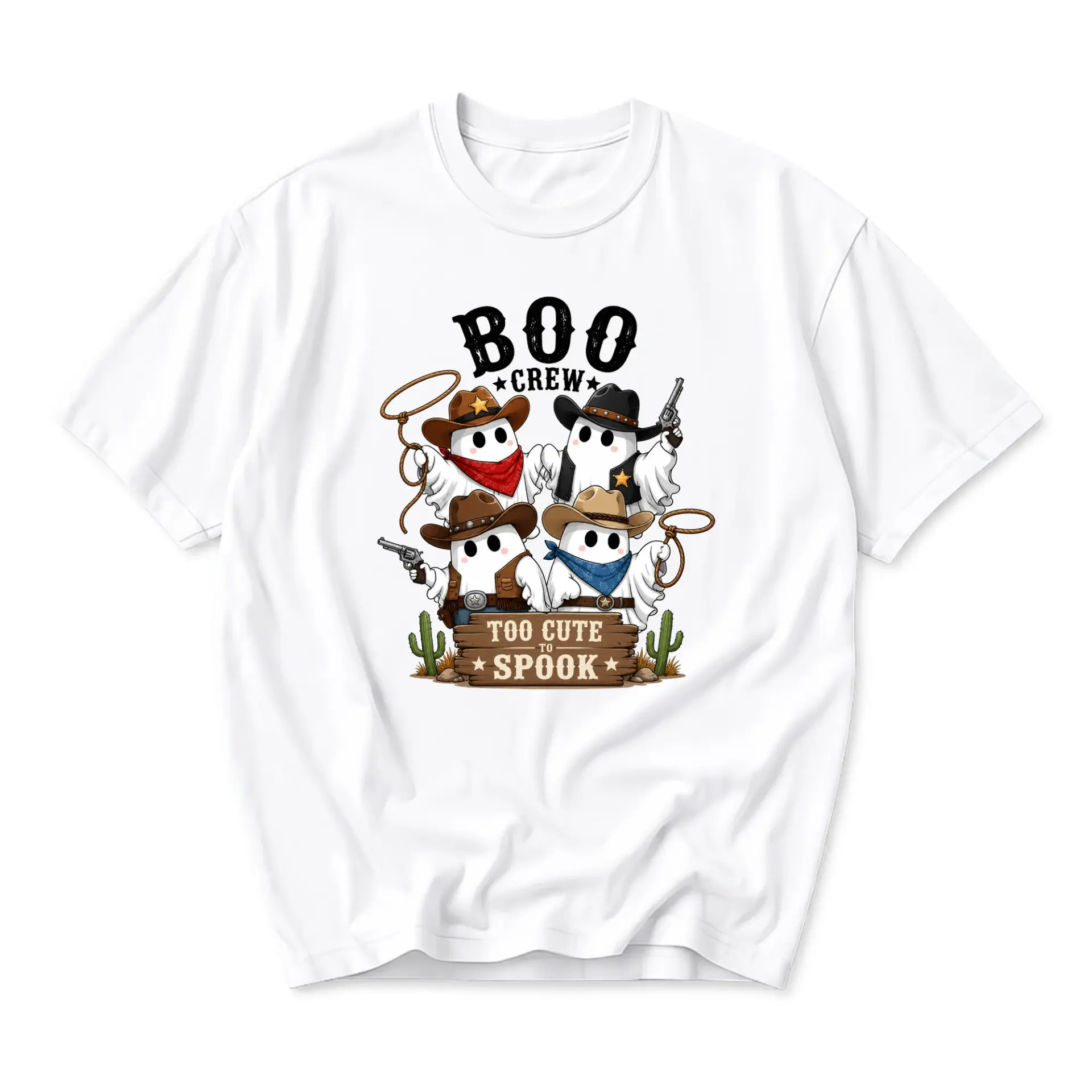 Graphic Tee Boo Crew Cowboy Ghost T-Shirt Funny Western Holiday Apparel Unisex Crew Neck Short Sleeve Shirt