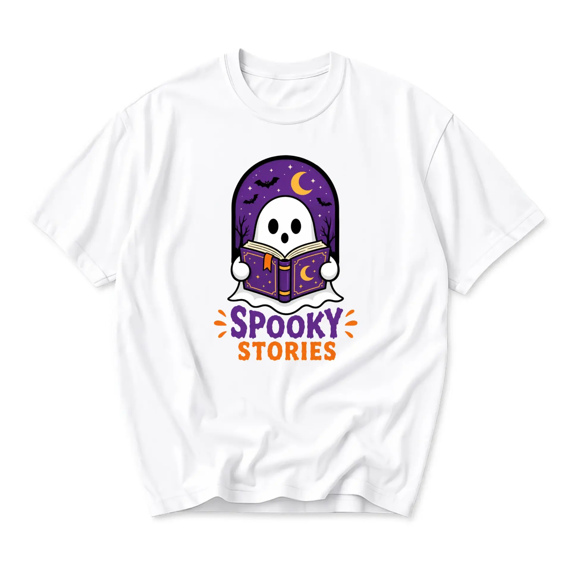 Funny Shirt Spooky Stories Ghost Reading Book Graphic Tee Unisex Crew Neck Casual Cotton Blend Short Sleeve Top