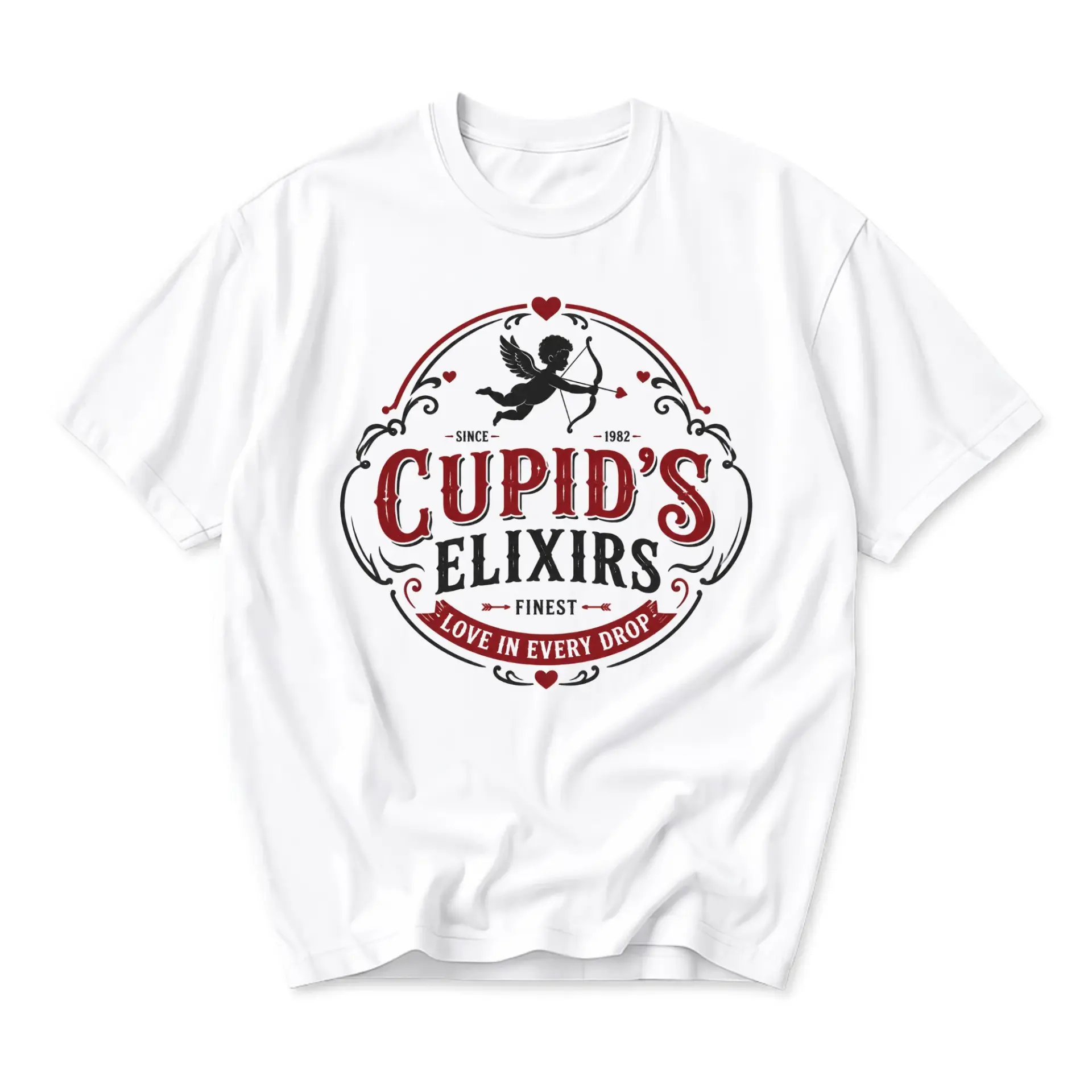 Graphic Tee Cupid's Elixirs Retro Vintage Style Unisex Crew Neck Short Sleeve Shirt for Casual Everyday Apparel