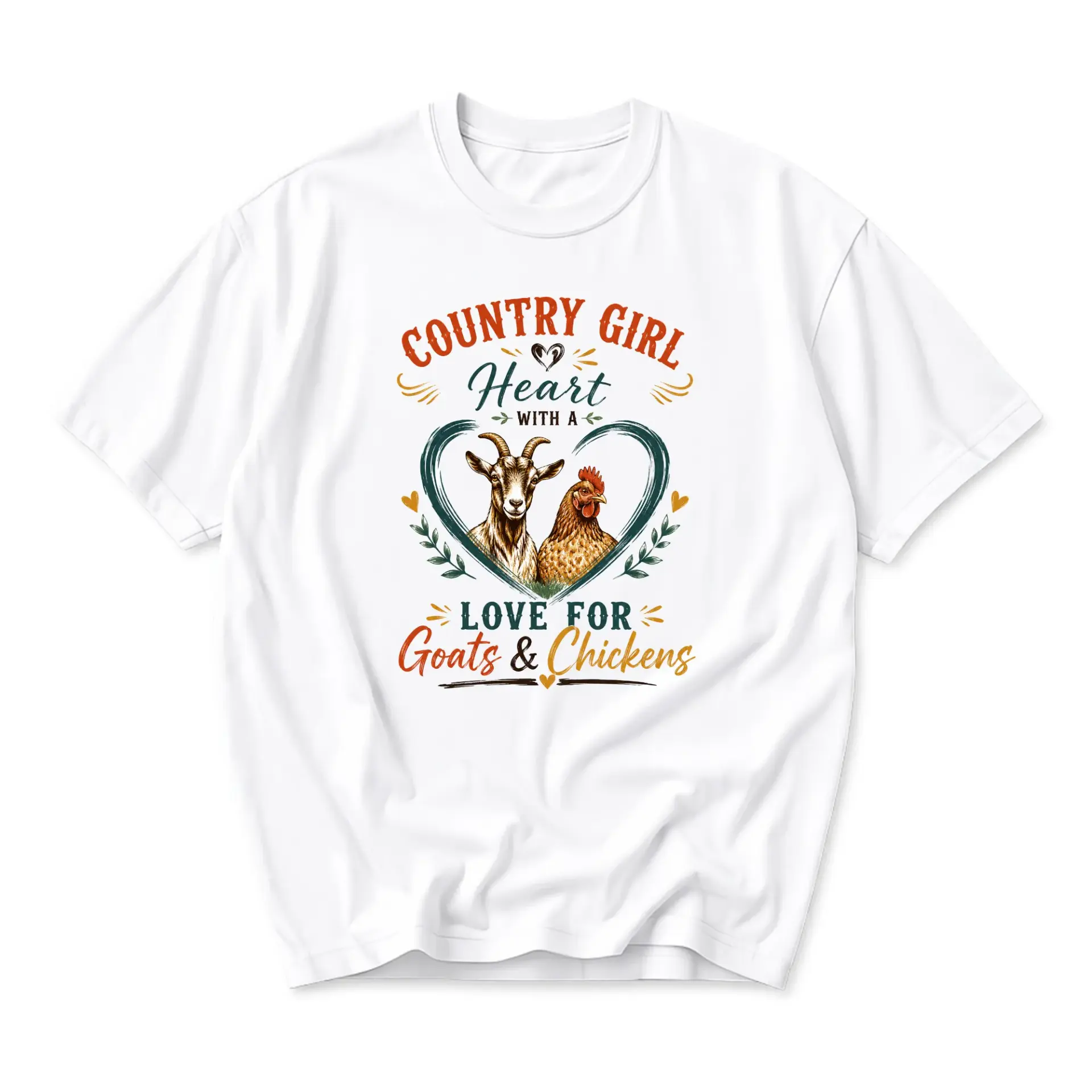 Graphic Tee Country Girl Heart with a Love for Goats and Chickens Farm Life Unisex Crew Neck Casual Cotton Shirt