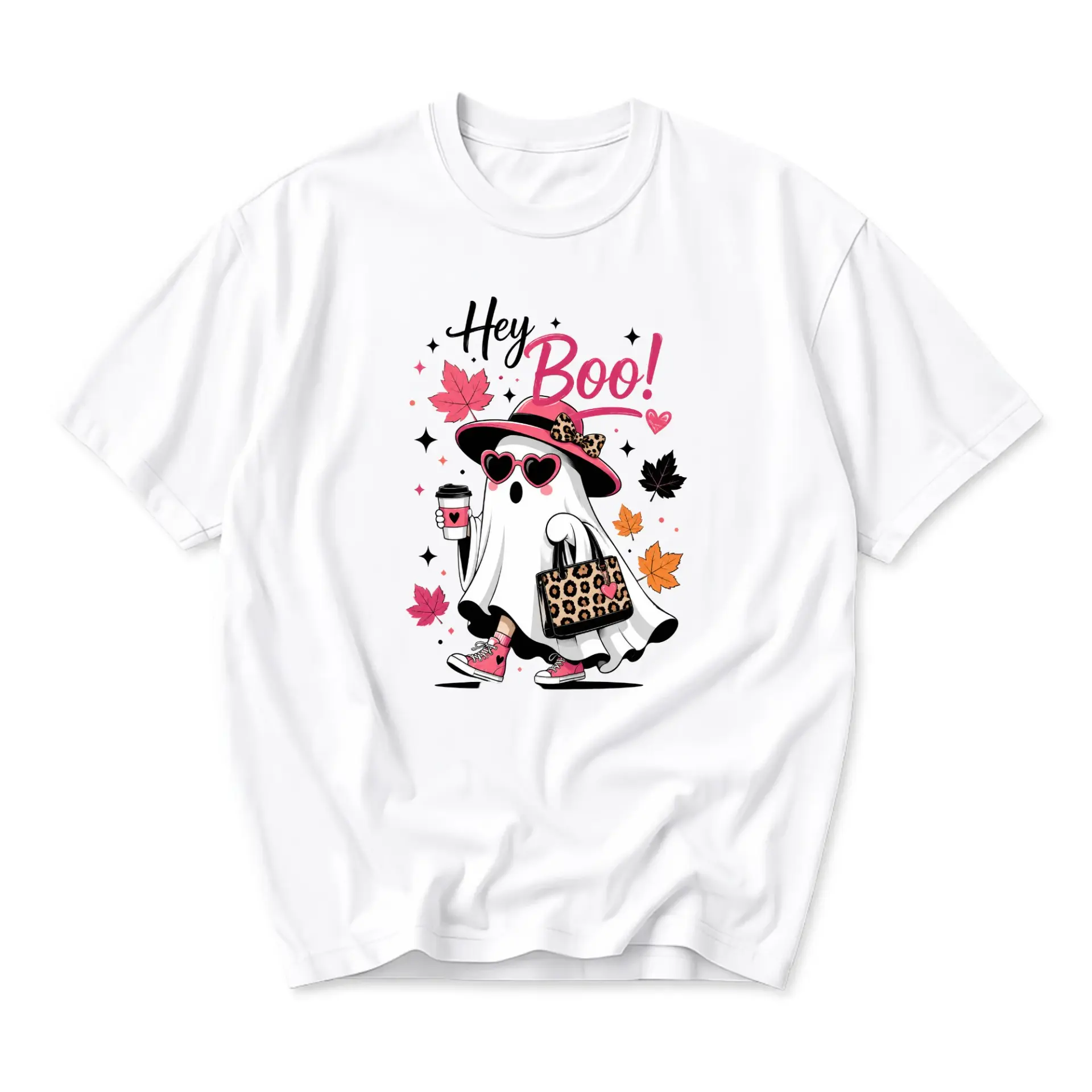 Funny Shirt Hey Boo Ghost Graphic Tee Fall Season Aesthetic Apparel Trendy Autumn Casual Unisex Cotton Crew Neck Top