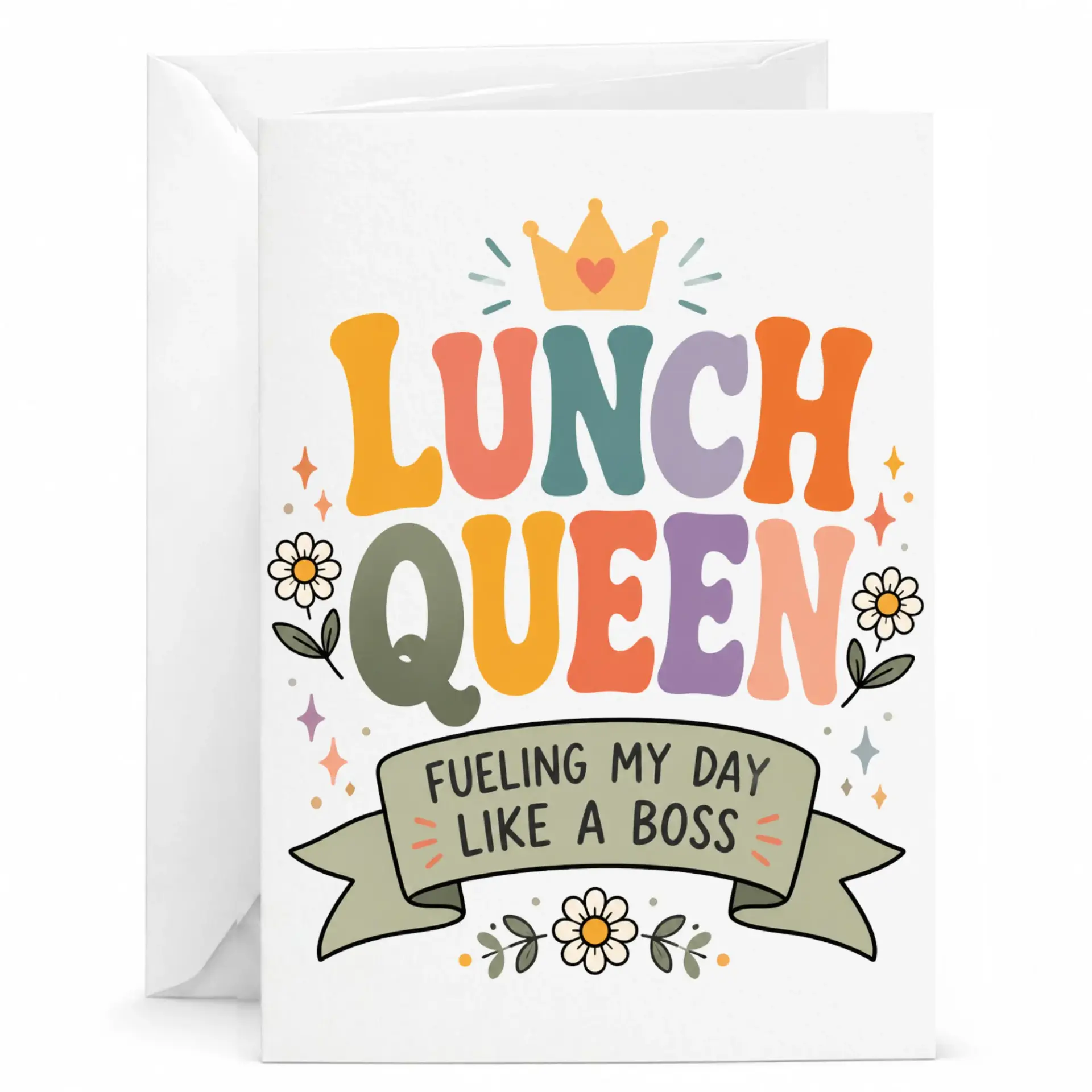 Funny Lunch Queen Greeting Card Retro Floral Enthusiast Note with Envelope for Food Lovers and Coworkers