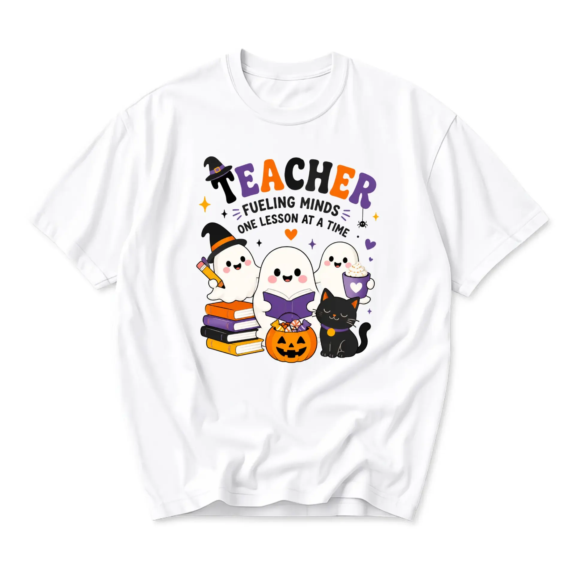 Graphic Tee Teacher Fueling Minds One Lesson at a Time Cute Halloween Ghost Cat Unisex Crew Neck Casual Shirt