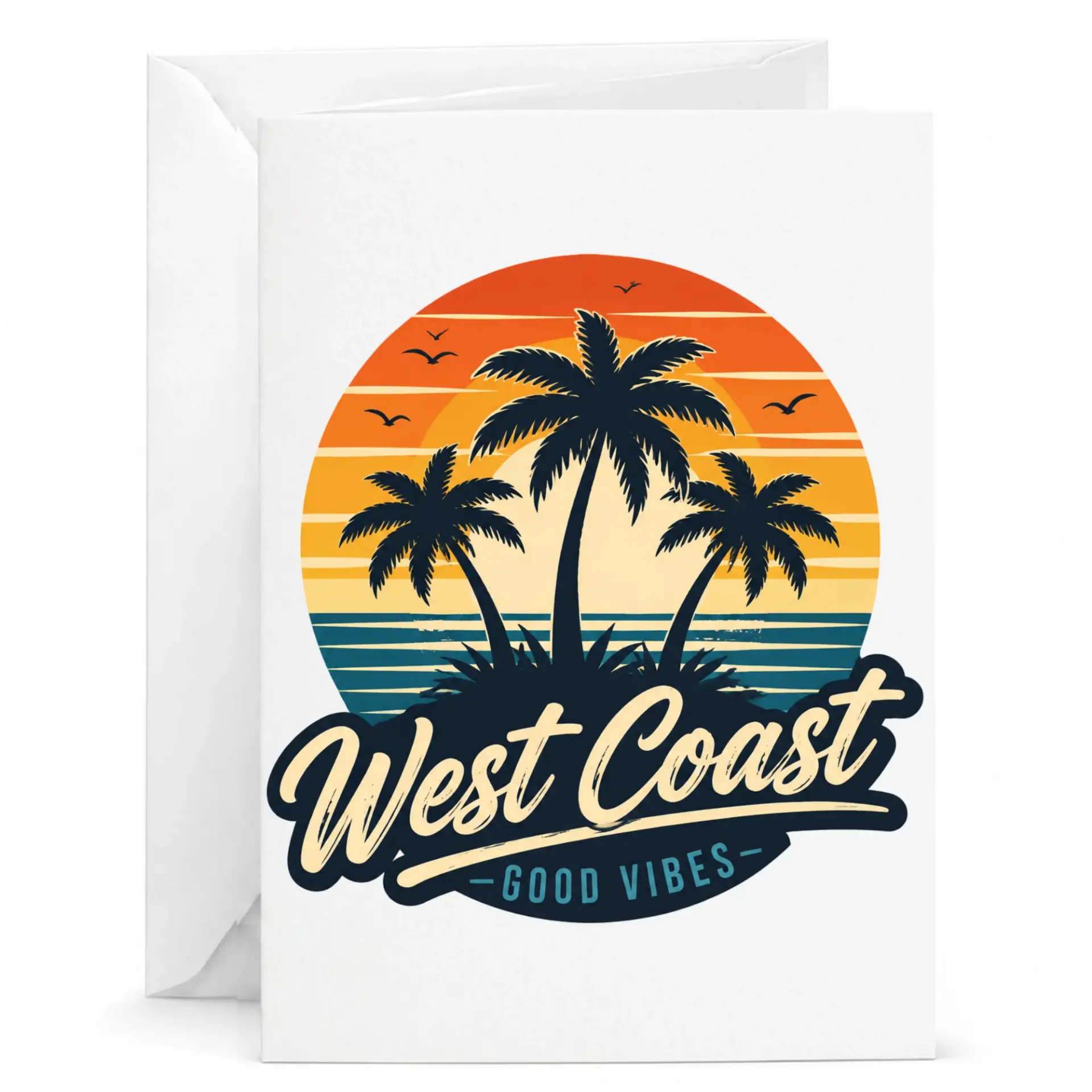 Greeting Card West Coast Good Vibes Sunset Tropical Palm Tree Illustration for Any Occasion or Celebration