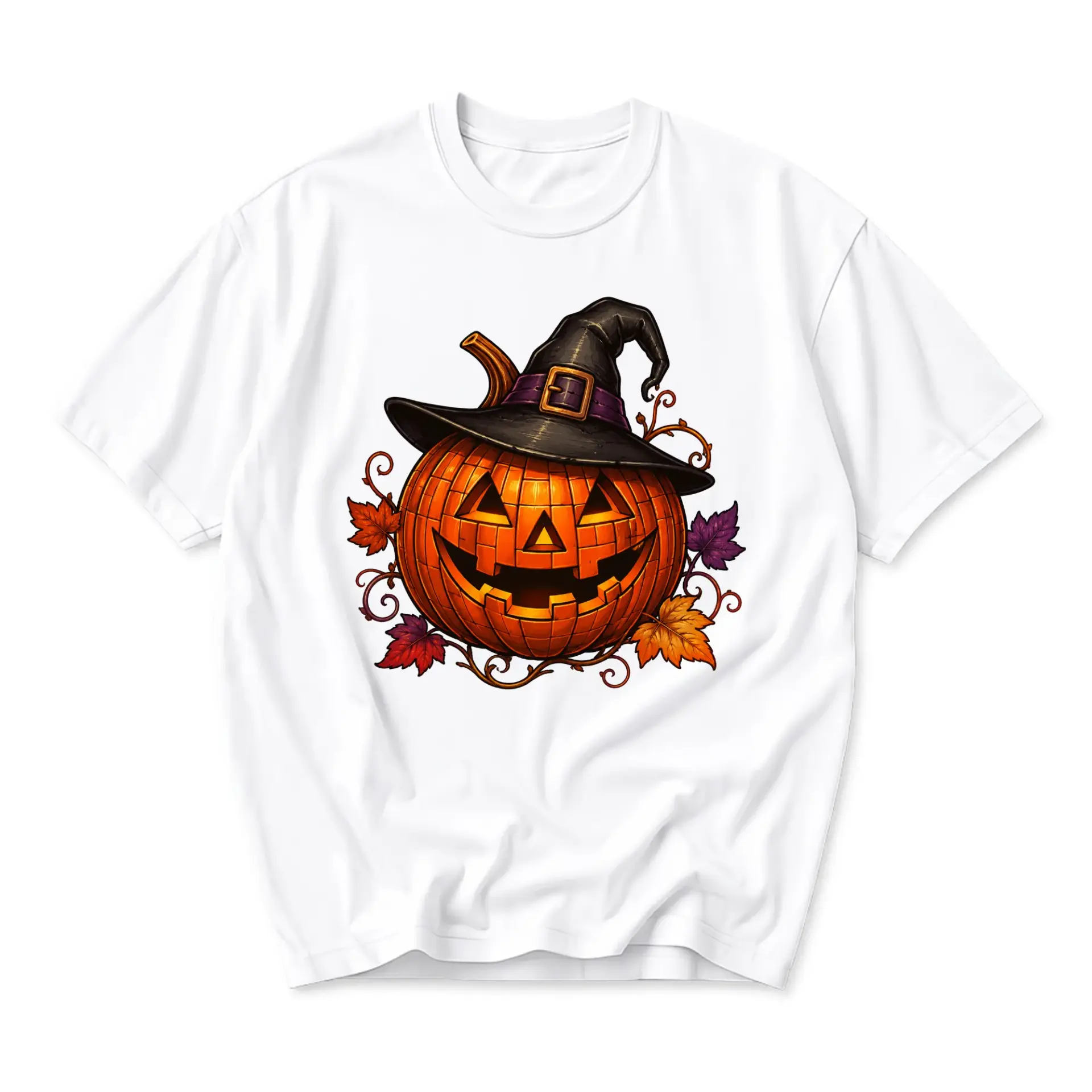 Graphic Tee Featuring a Spooky Jack O Lantern Pumpkin Wearing a Witch Hat with Colorful Autumn Fall Leaves