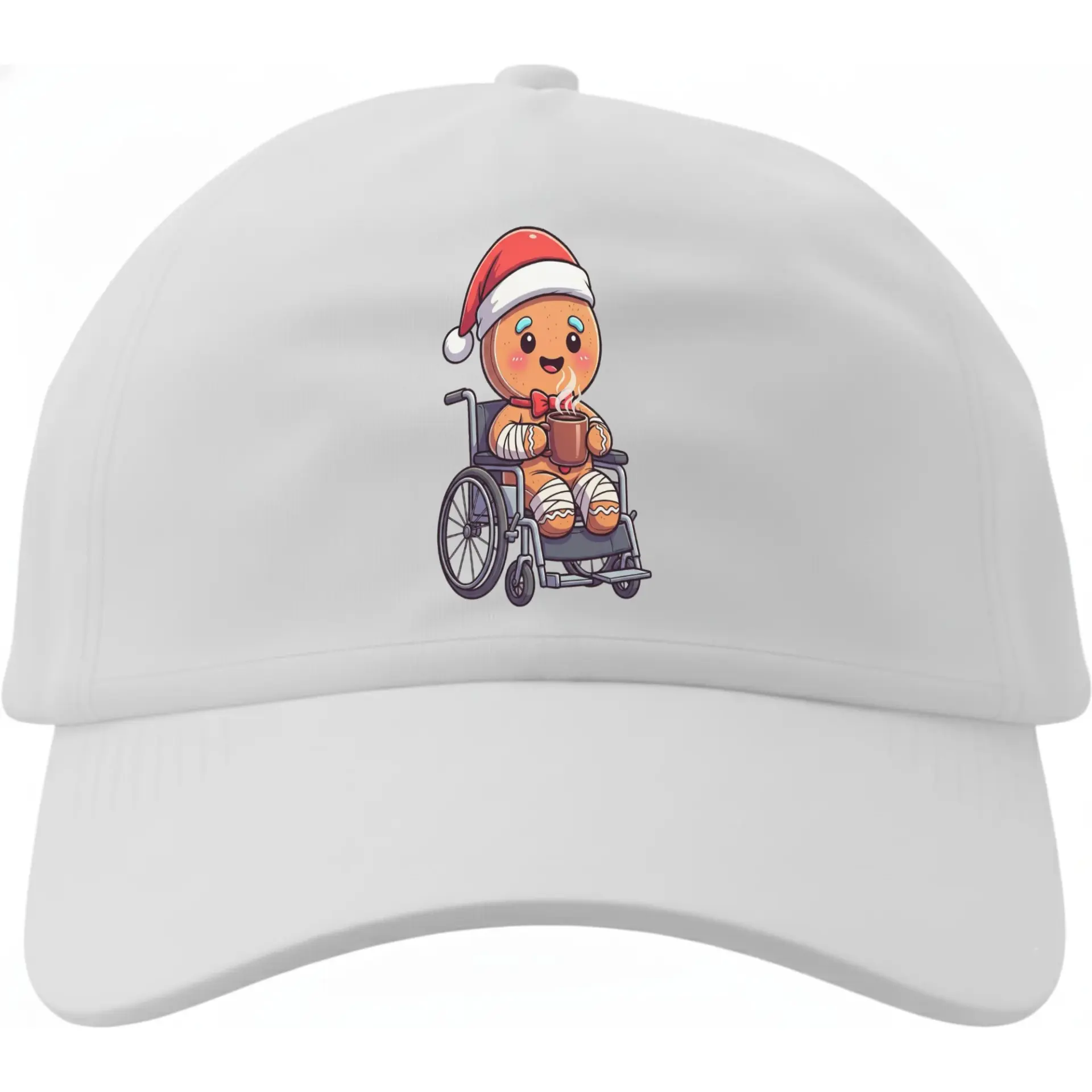 Baseball Cap Featuring a Cute Gingerbread Person in a Wheelchair Wearing a Santa Hat for Holiday Casual Everyday Wear