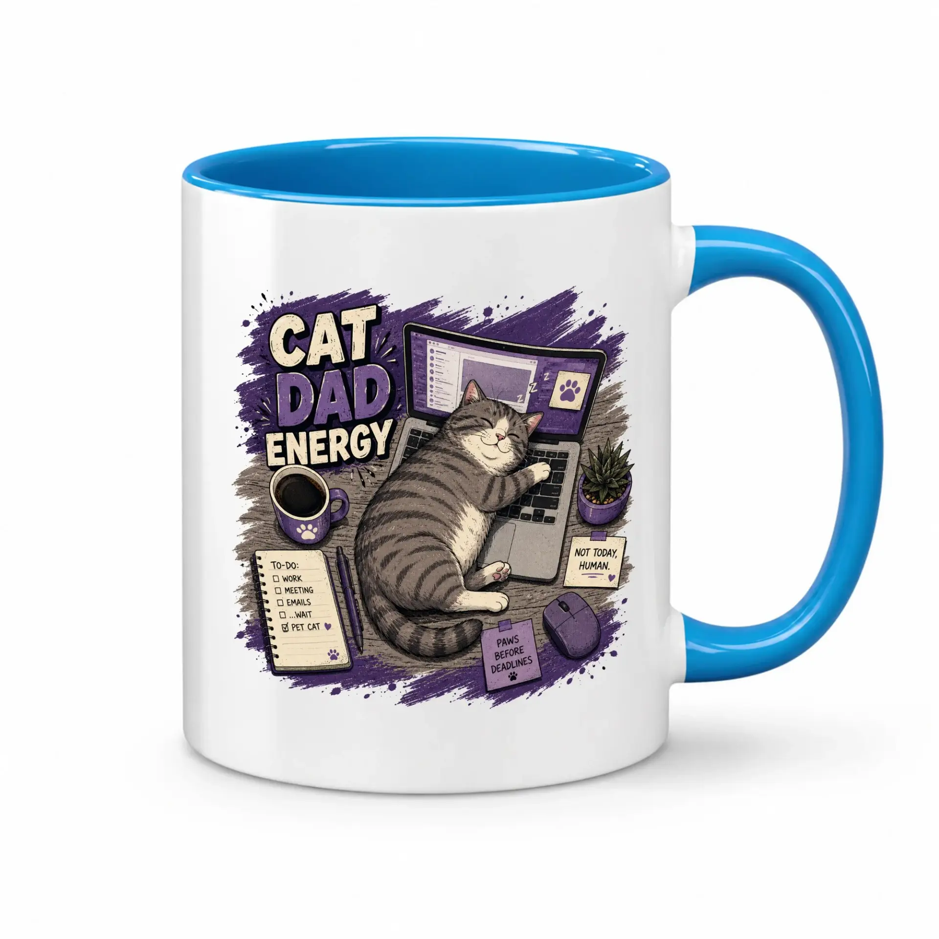 Cat Dad Energy Coffee Mug Funny Office Desk Ceramic Cup Featuring Sleeping Tabby and Work to Do List Design