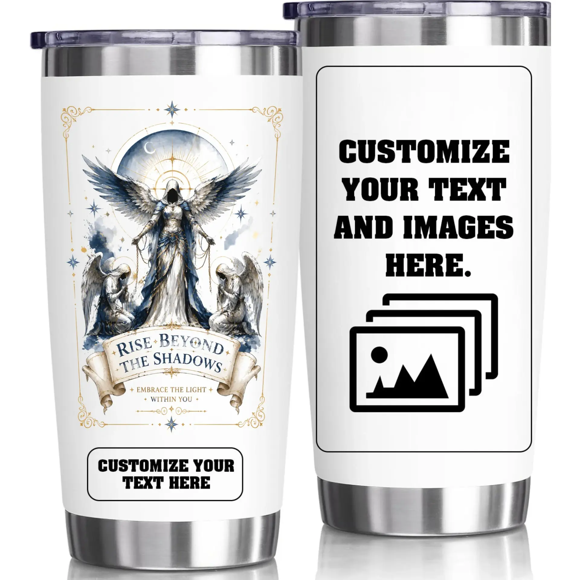 Stainless Steel Tumbler 20oz Vacuum Insulated Travel Mug with Celestial Angel Artwork and Custom Text Areas