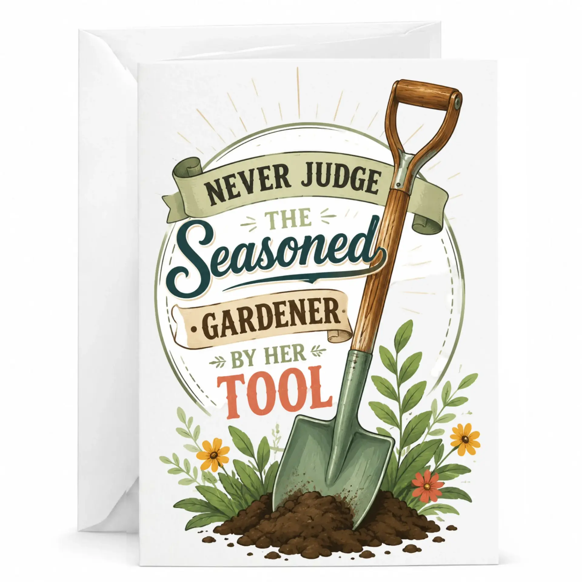 Funny Gardener Greeting Card with Shovel Illustration for Plant Enthusiasts and Nature Lovers 5x7 Folded Note