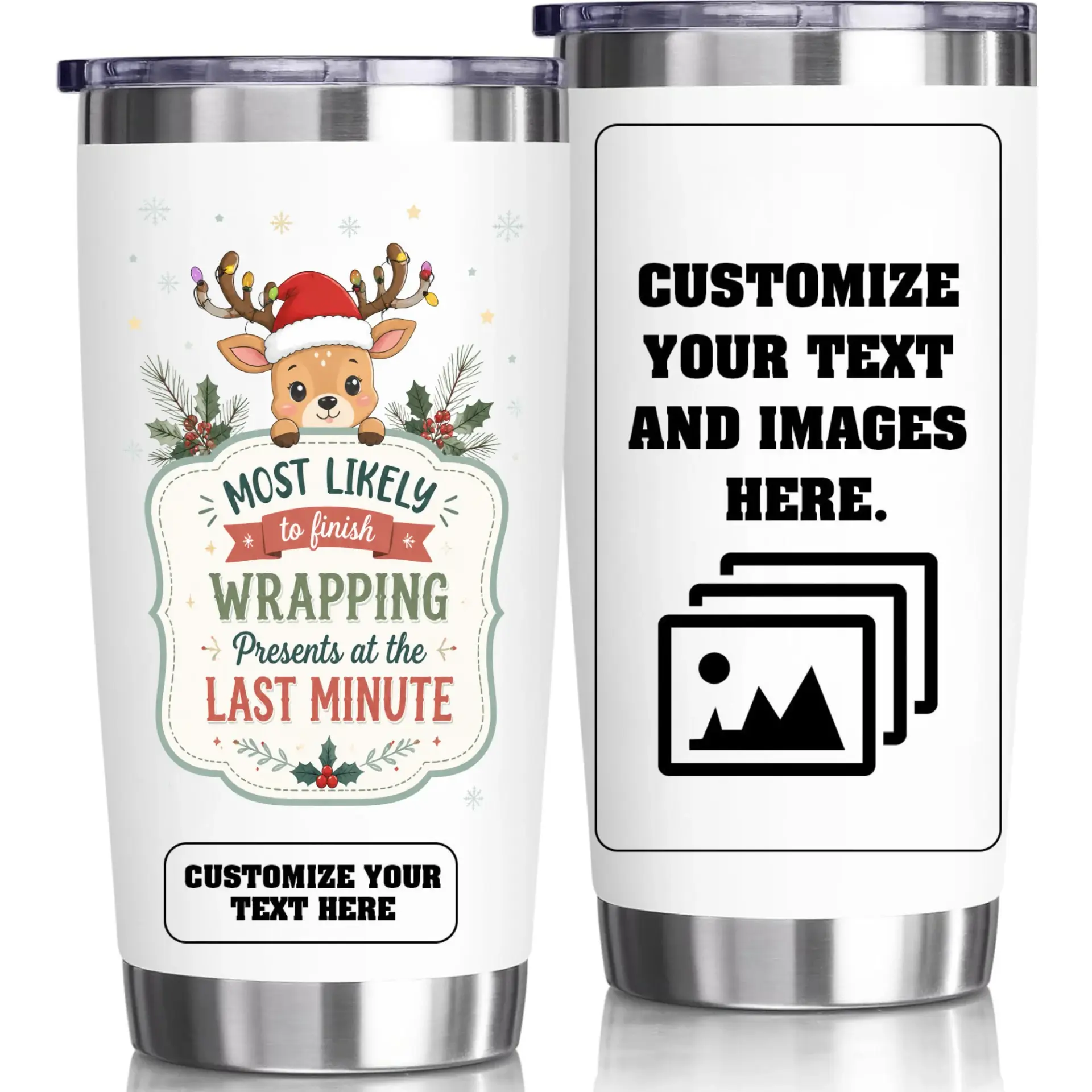 Stainless Steel Tumbler 20oz Holiday Reindeer Design Personalized Travel Cup for Hot and Cold Beverage Drinks