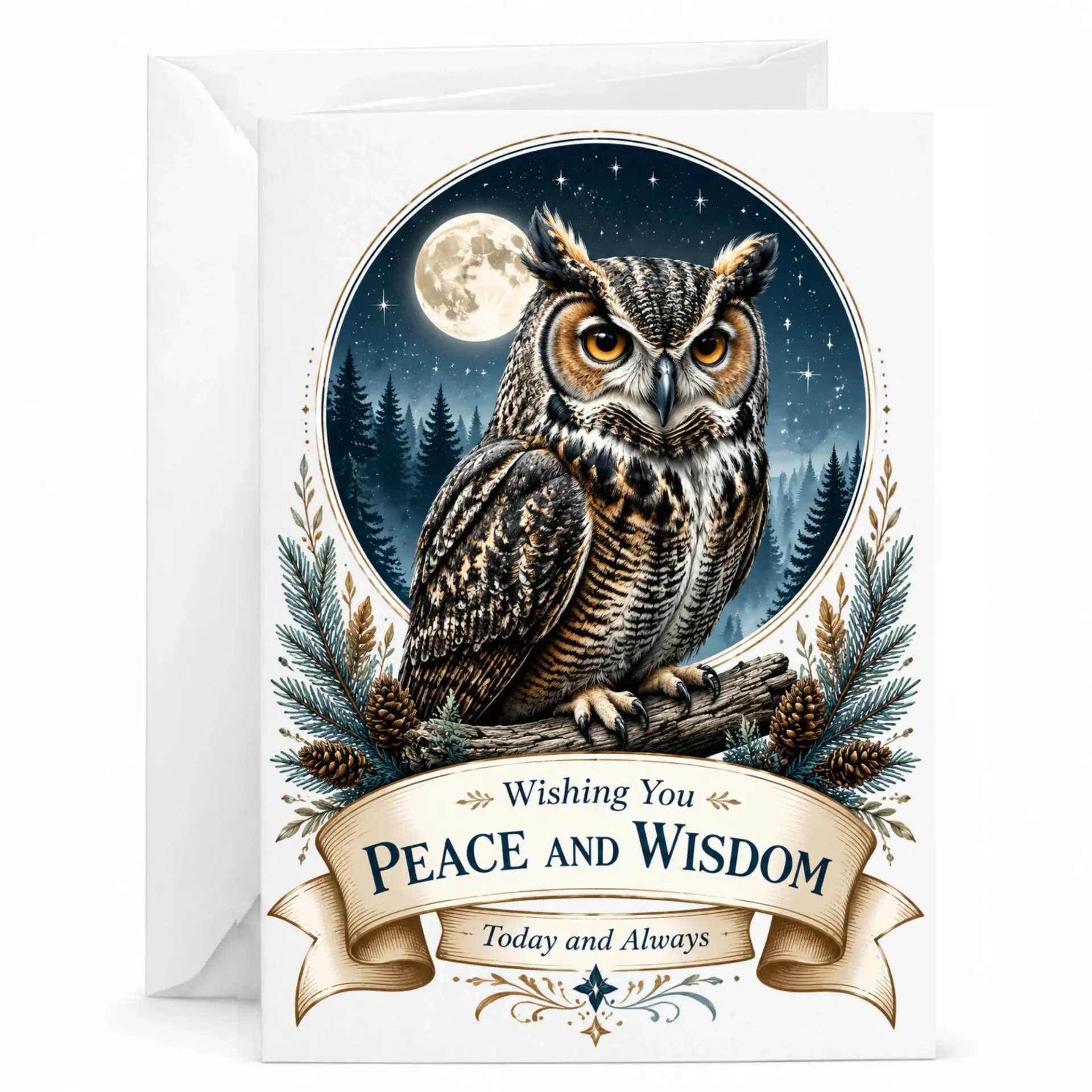 Greeting Card Wishing You Peace and with Owl Moon Illustration on Premium Heavyweight Stock