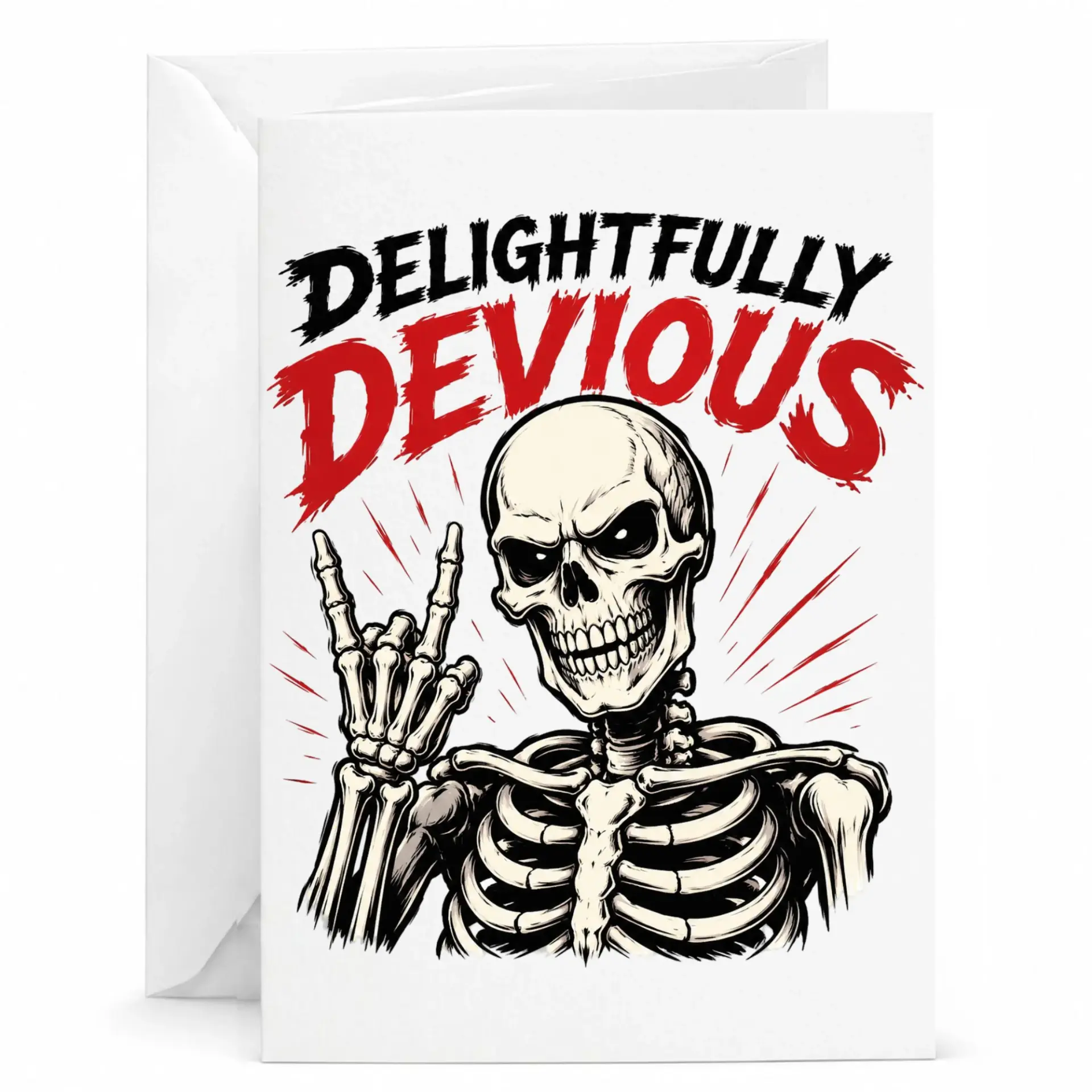 Funny Delightfully Devious Skeleton Greeting Card Edgy Rock and Roll Humor Note with Matching Envelope for Friends