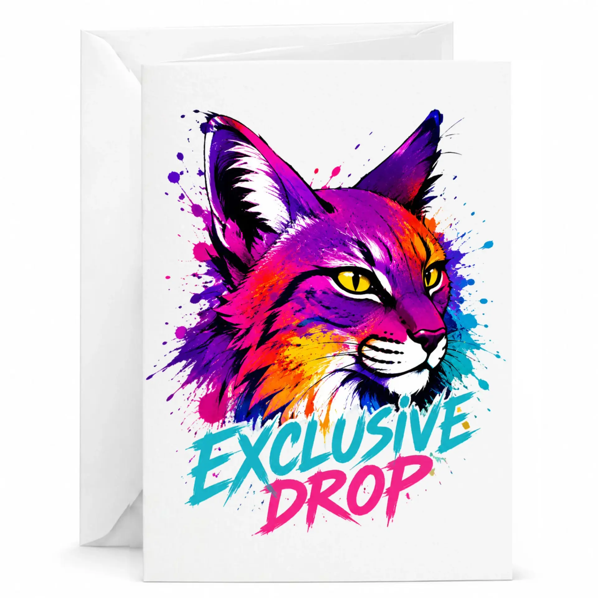 Greeting Card with Colorful Lynx Illustration and Exclusive Drop Typography Graphic Design for Special Occasions