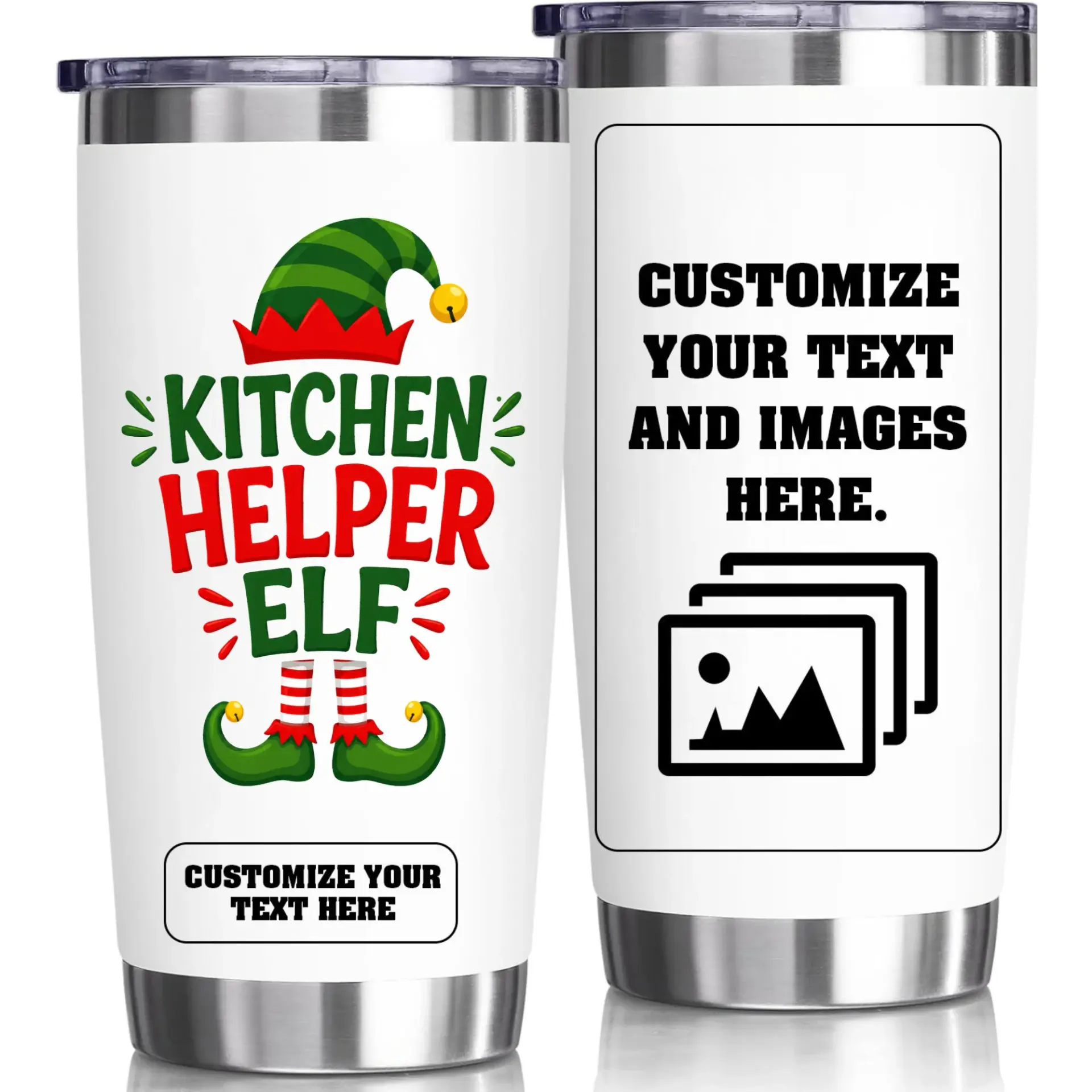 Stainless Steel Tumbler Kitchen Helper Elf Design 20oz Insulated Travel Cup with Holiday Themed Custom Graphic