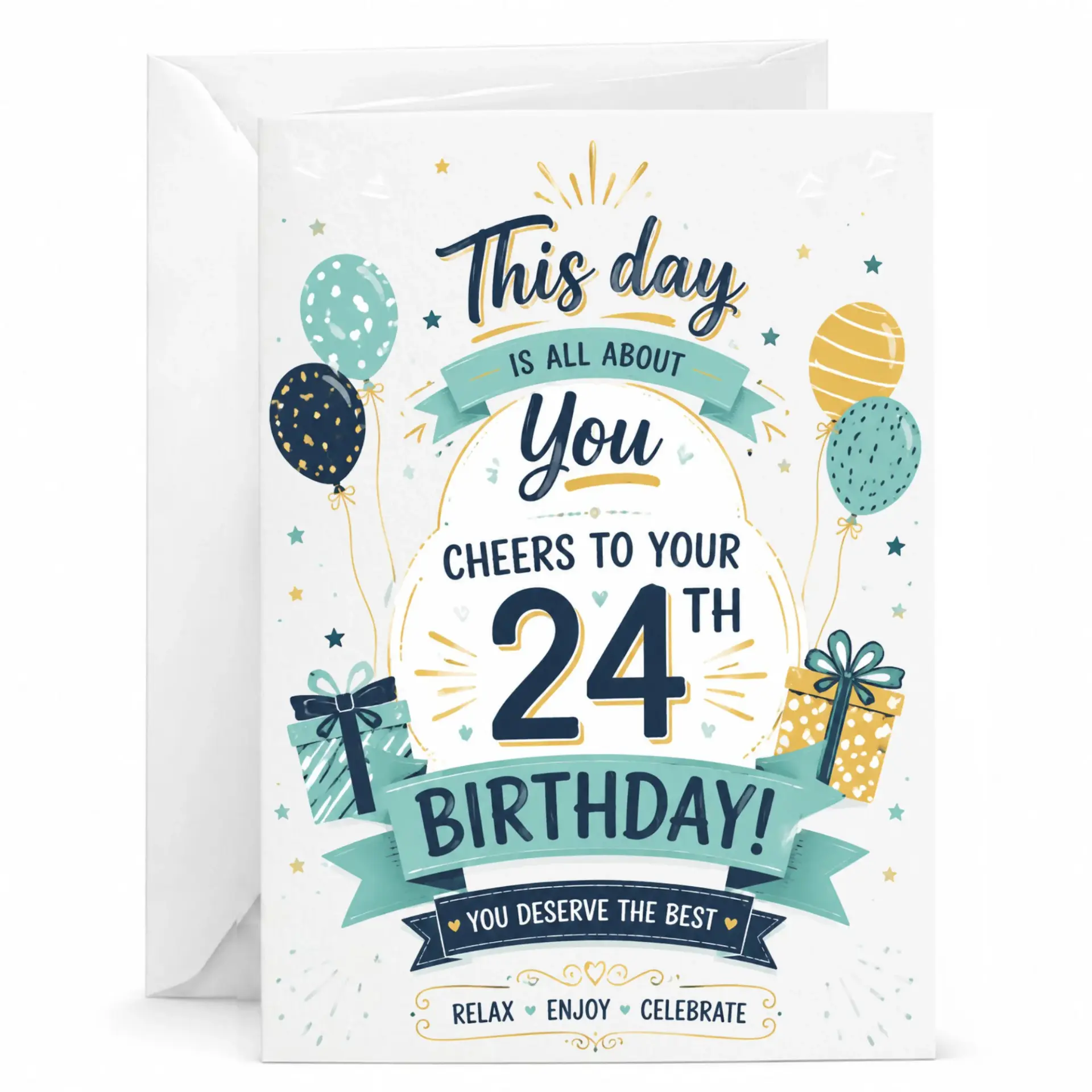 Birthday Card for 24th Birthday Celebration, Elegant Blue and Gold Balloon Theme Greeting Card for 24 Year Old