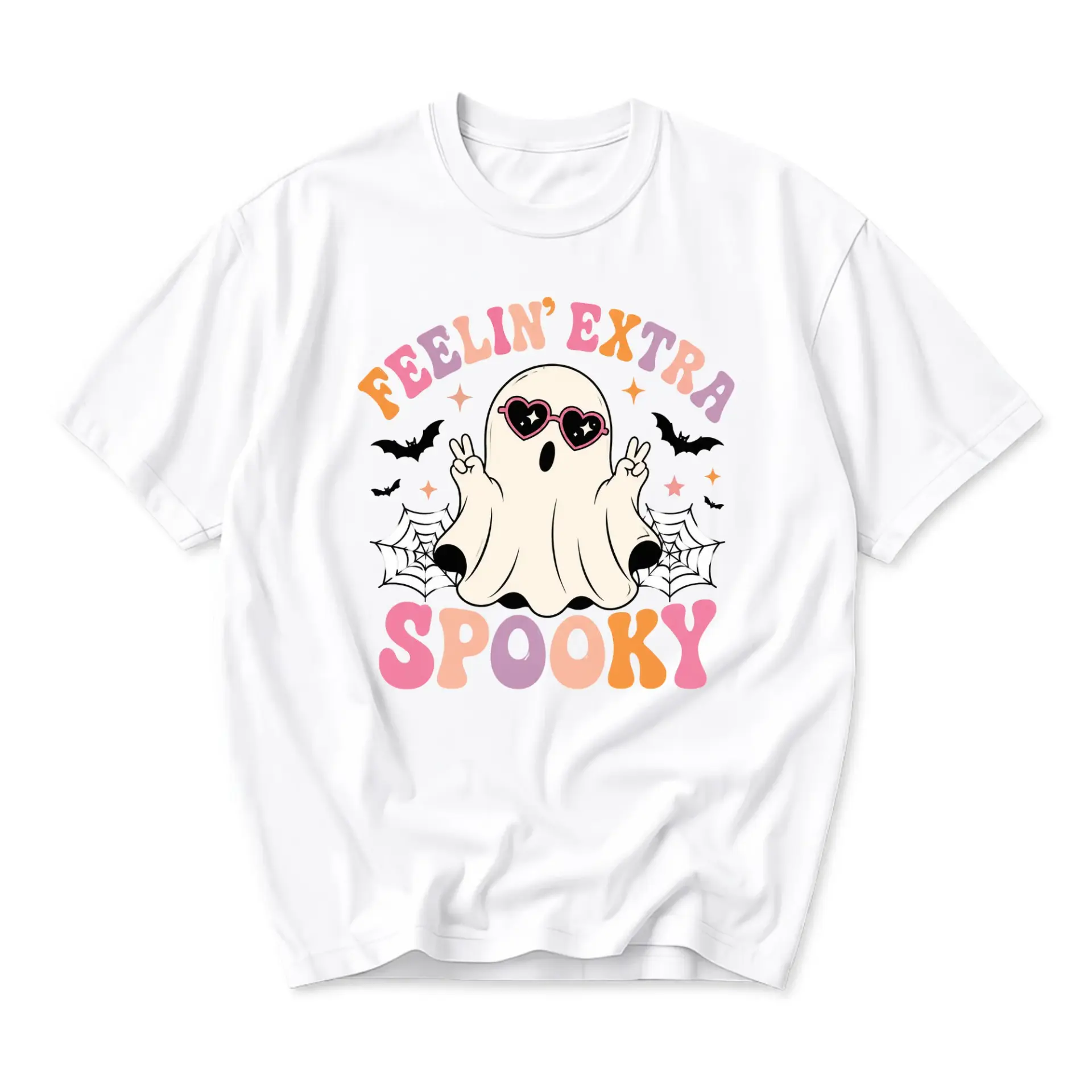 Funny Shirt Feelin Extra Spooky Ghost Graphic Tee Unisex Crew Neck Casual Wear Soft Cotton Blend Print T-Shirt White