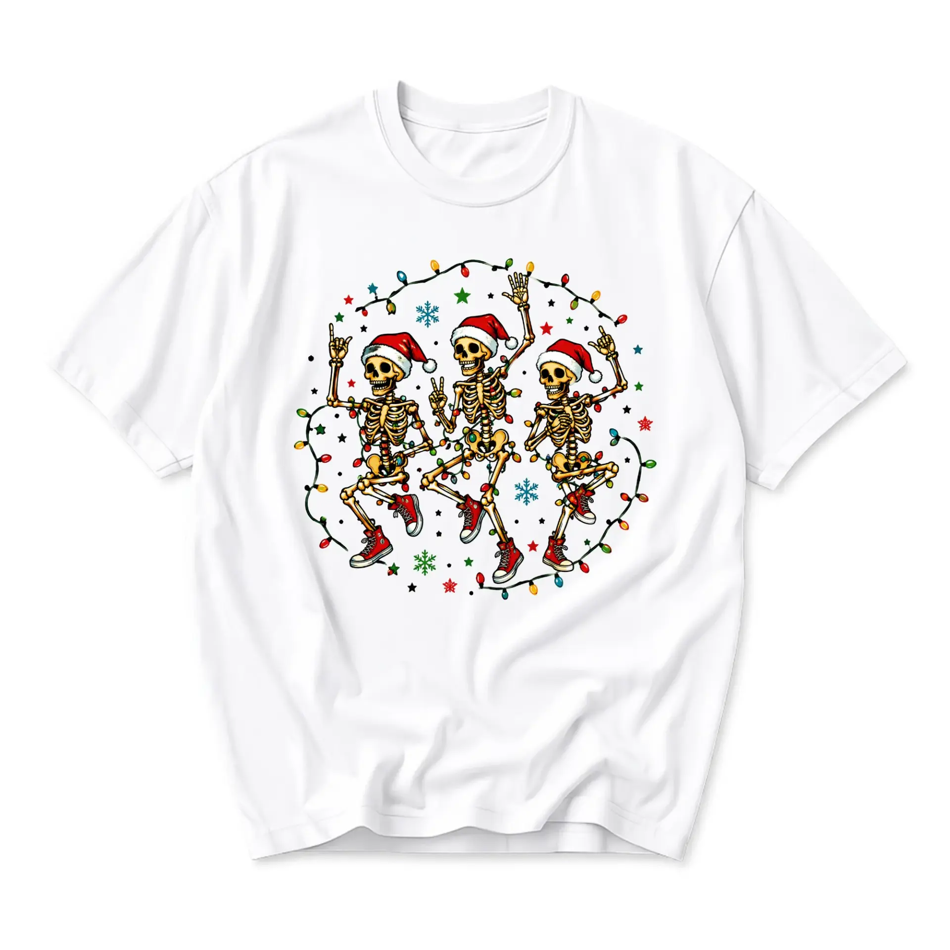 Graphic Tee Featuring Three Dancing Skeletons Wearing Santa Hats Surrounded