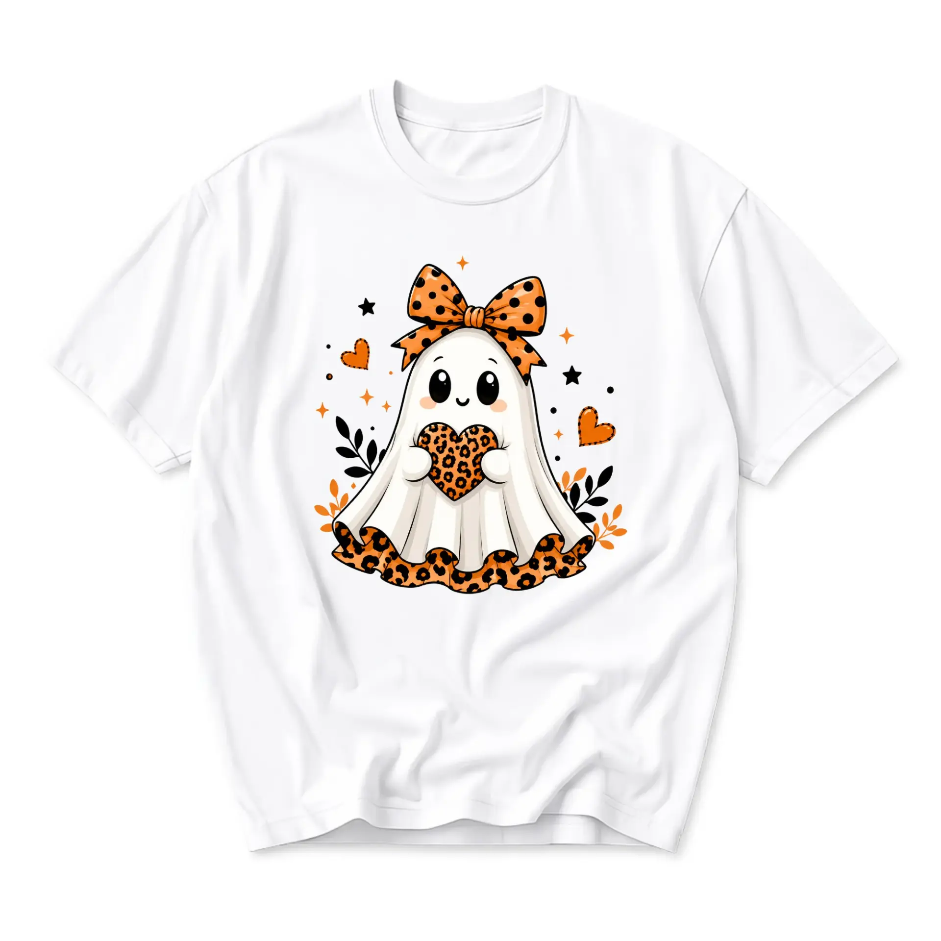 Graphic Tee Unisex Ghost Shirt Featuring a Cute Spooky Character Wearing a Leopard Print Bow and Holding a Heart