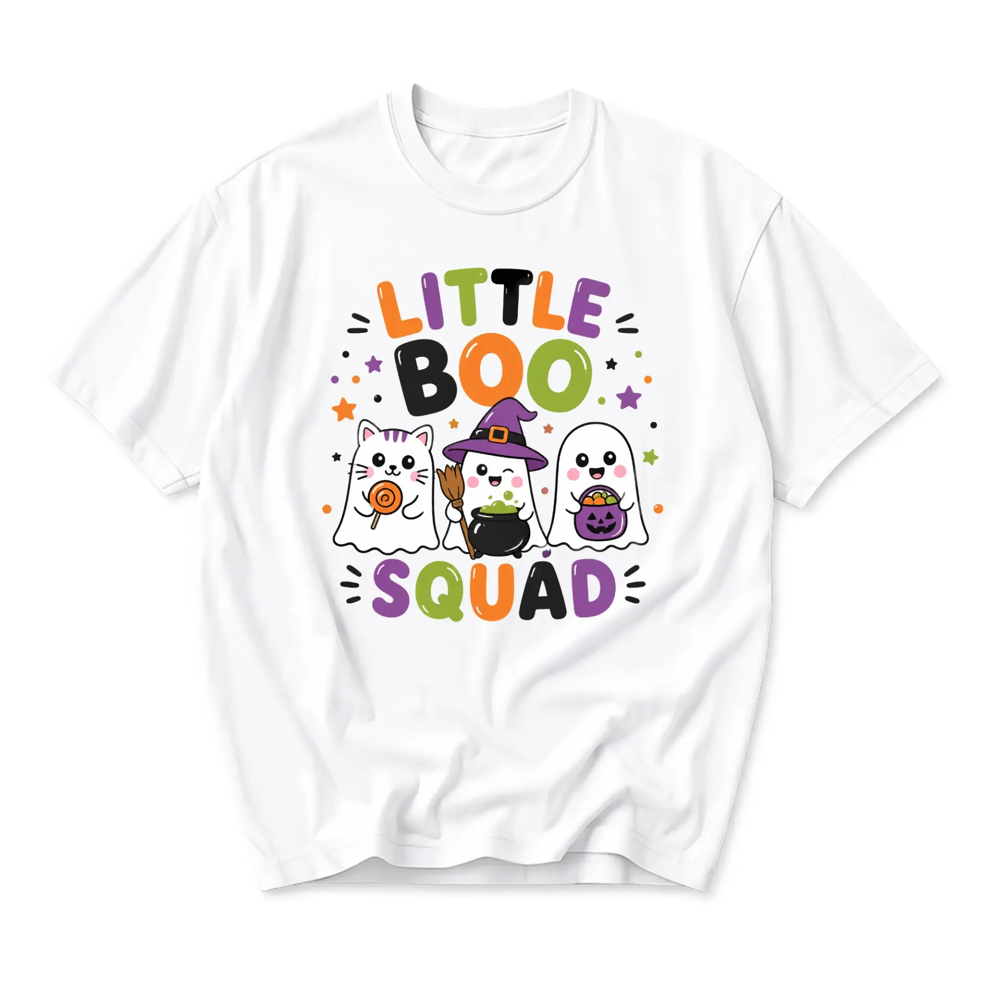 Funny Shirt Little Boo Squad Cute Ghost and Cat Graphic Tee for Halloween Seasonal Casual Wear and Holiday Celebration