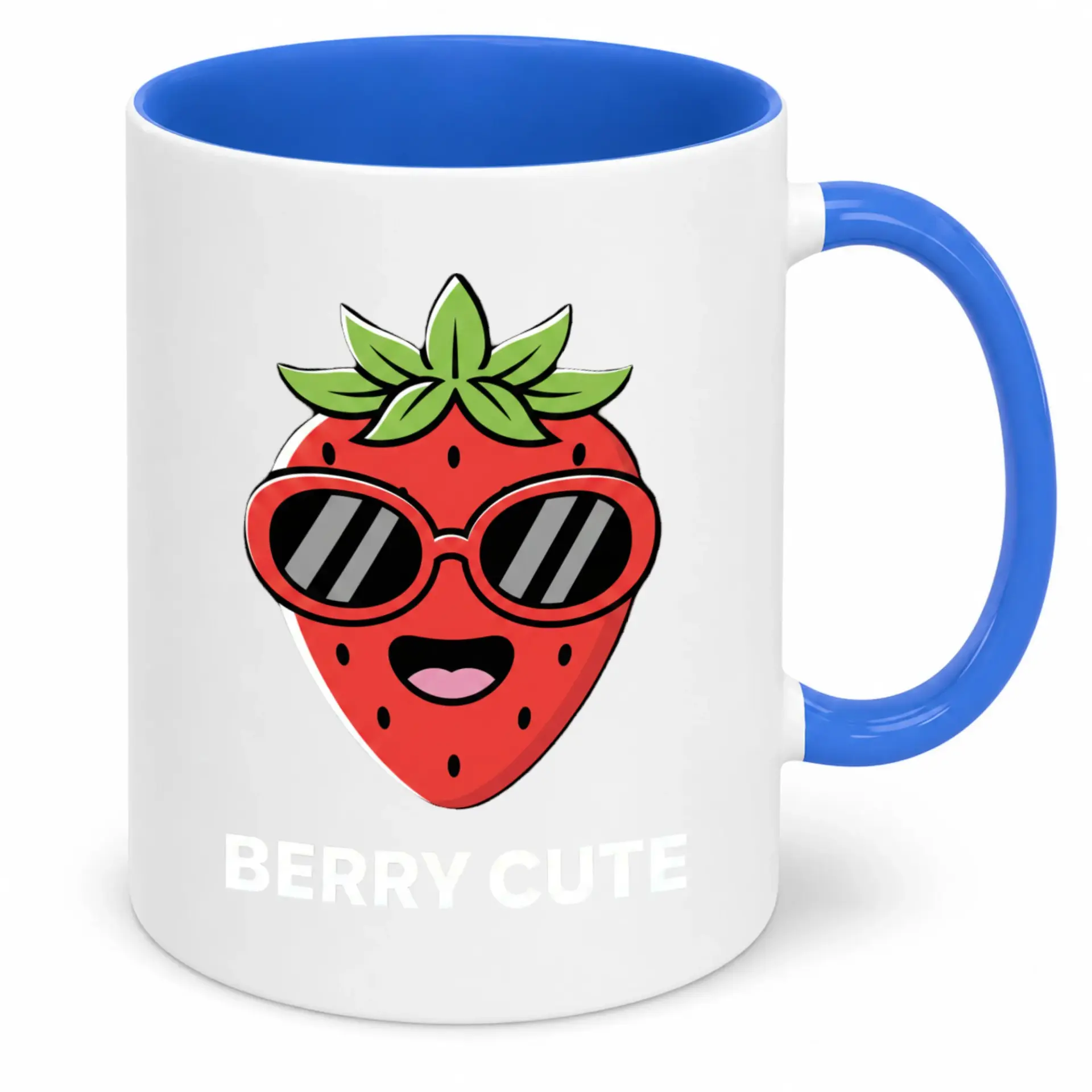 Funny Coffee Mug with Berry Cute Strawberry Design, 11oz or 15oz White Ceramic Drinkware with Blue Handle Interior for Hot Beverages
