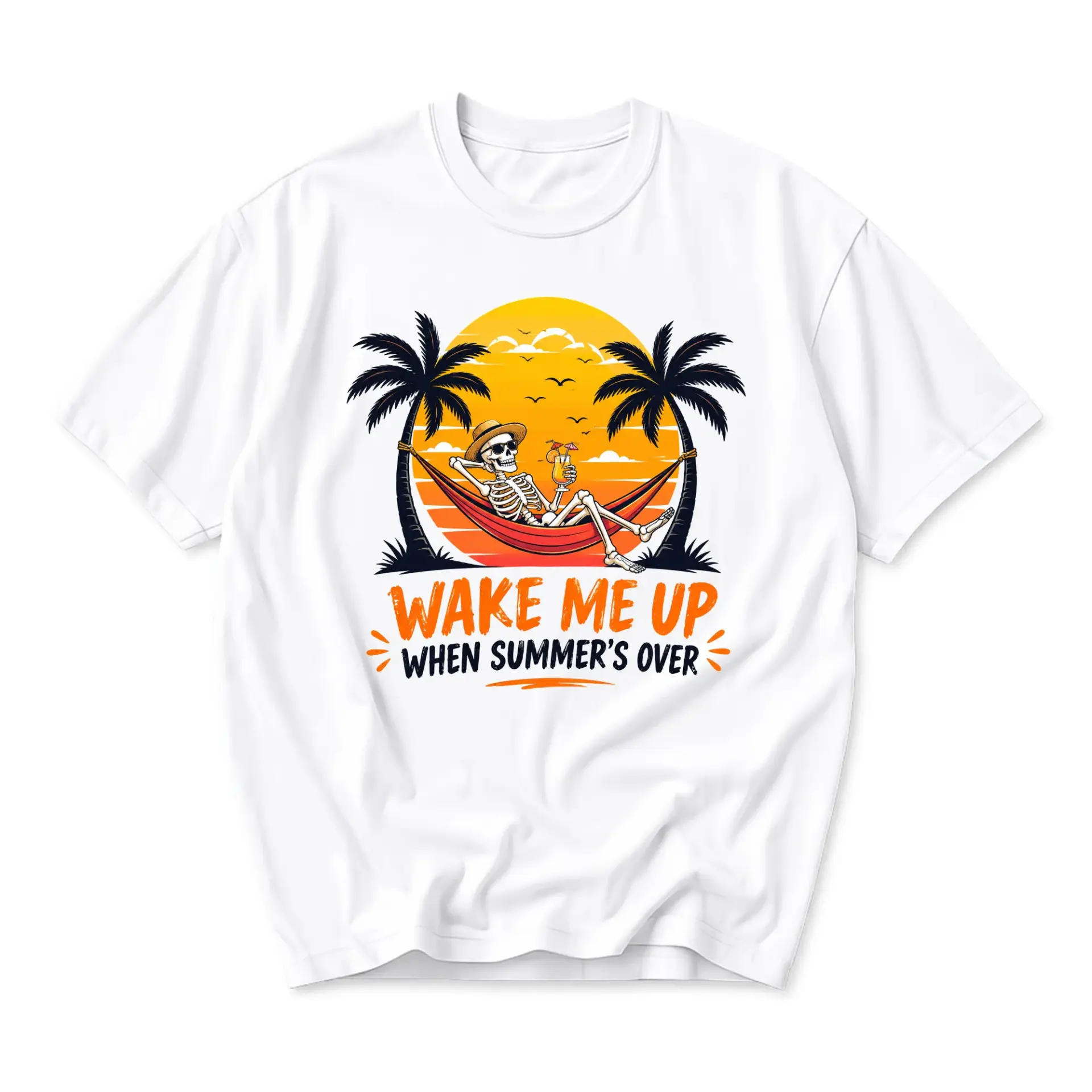 Funny Shirt Wake Me up When Summer Is over Graphic Tee Tropical Skeleton Relaxing on Hammock Beach Print Apparel